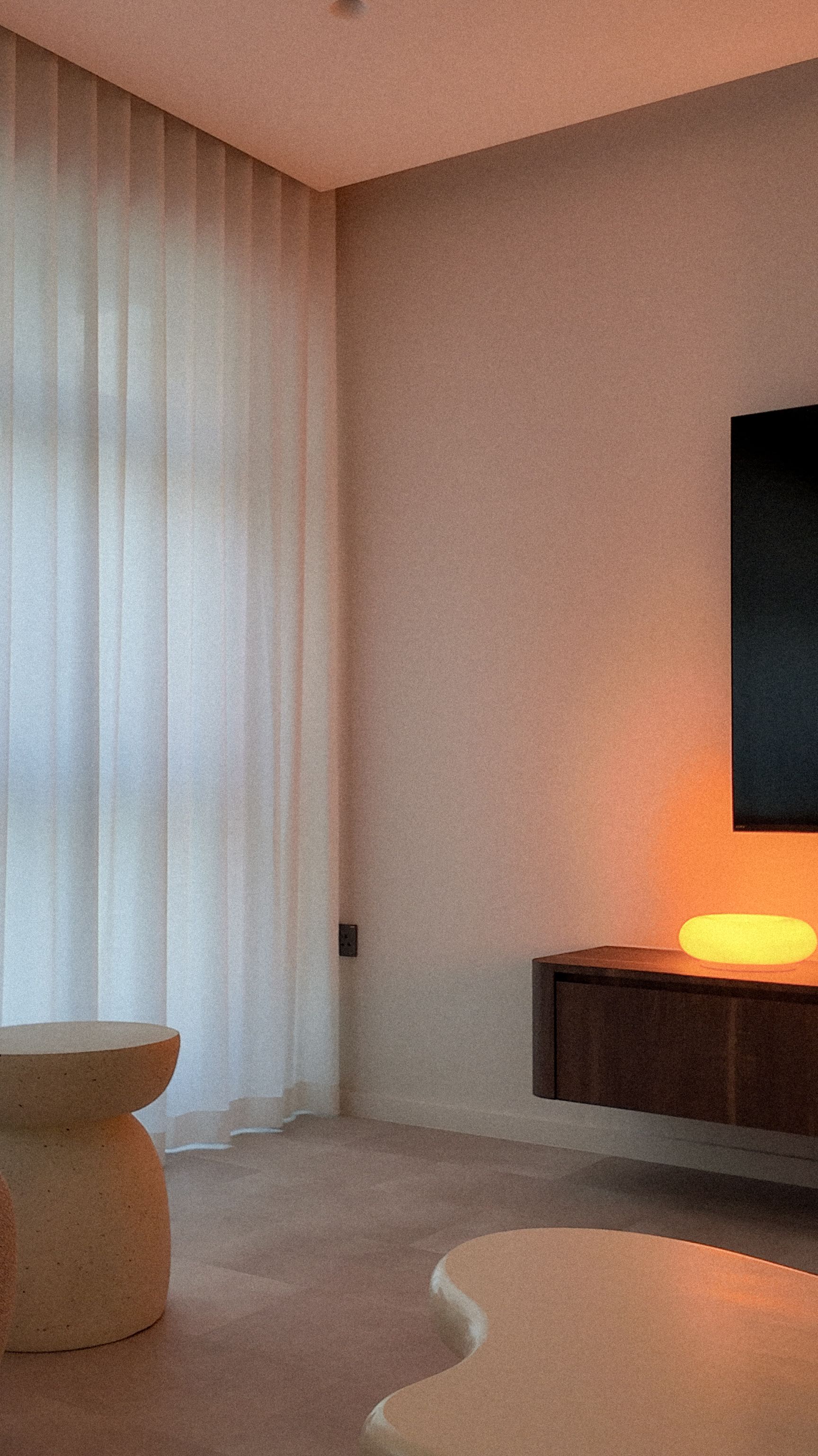 The Big Living Room Theory 📺 - Soft, ambient lighting, minimalist decor, modern furniture, large window, sheer curtains