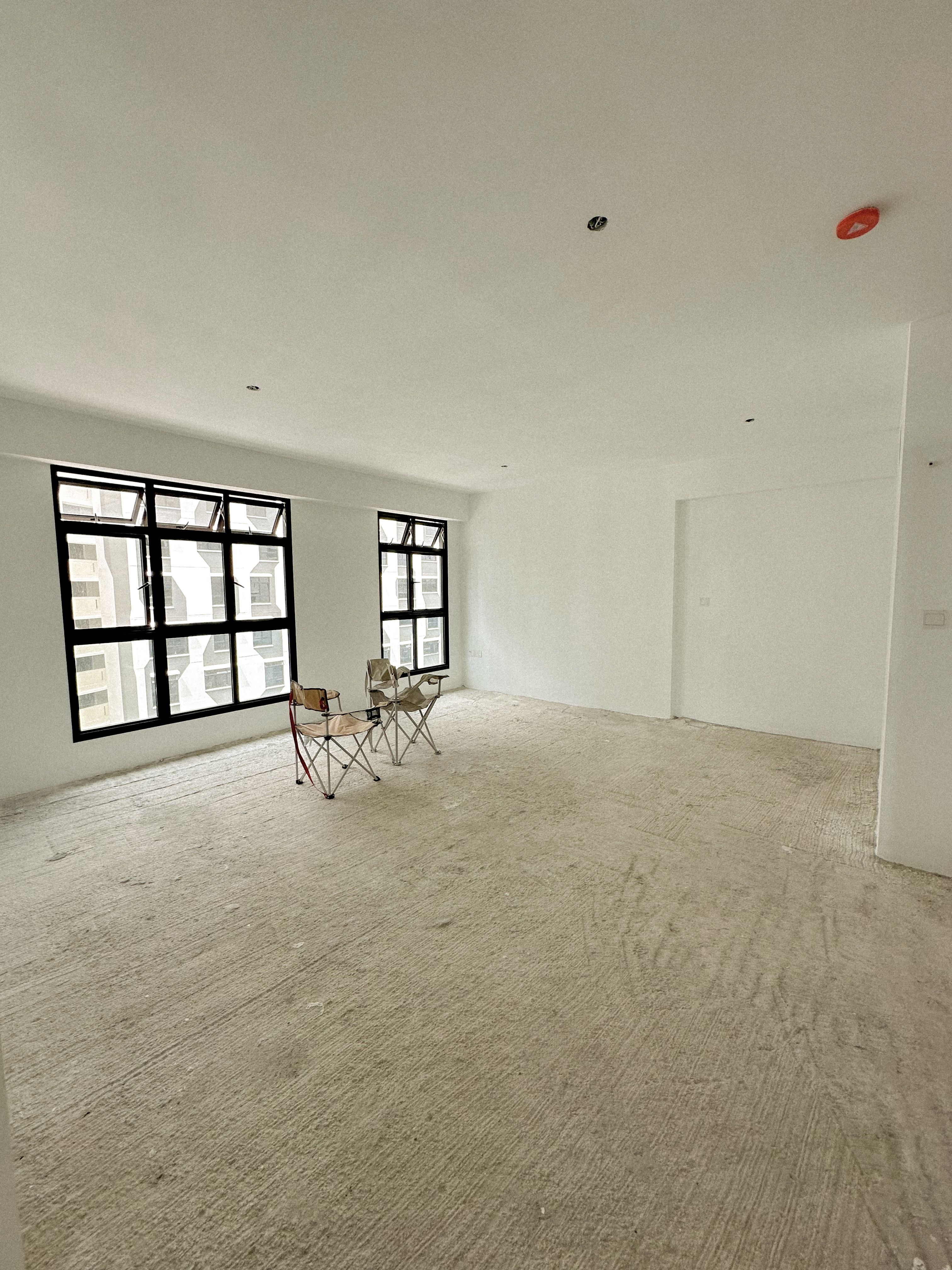 The Big Living Room Theory 📺 - Empty room, spacious, minimalist, white walls, large windows, natural light, furniture