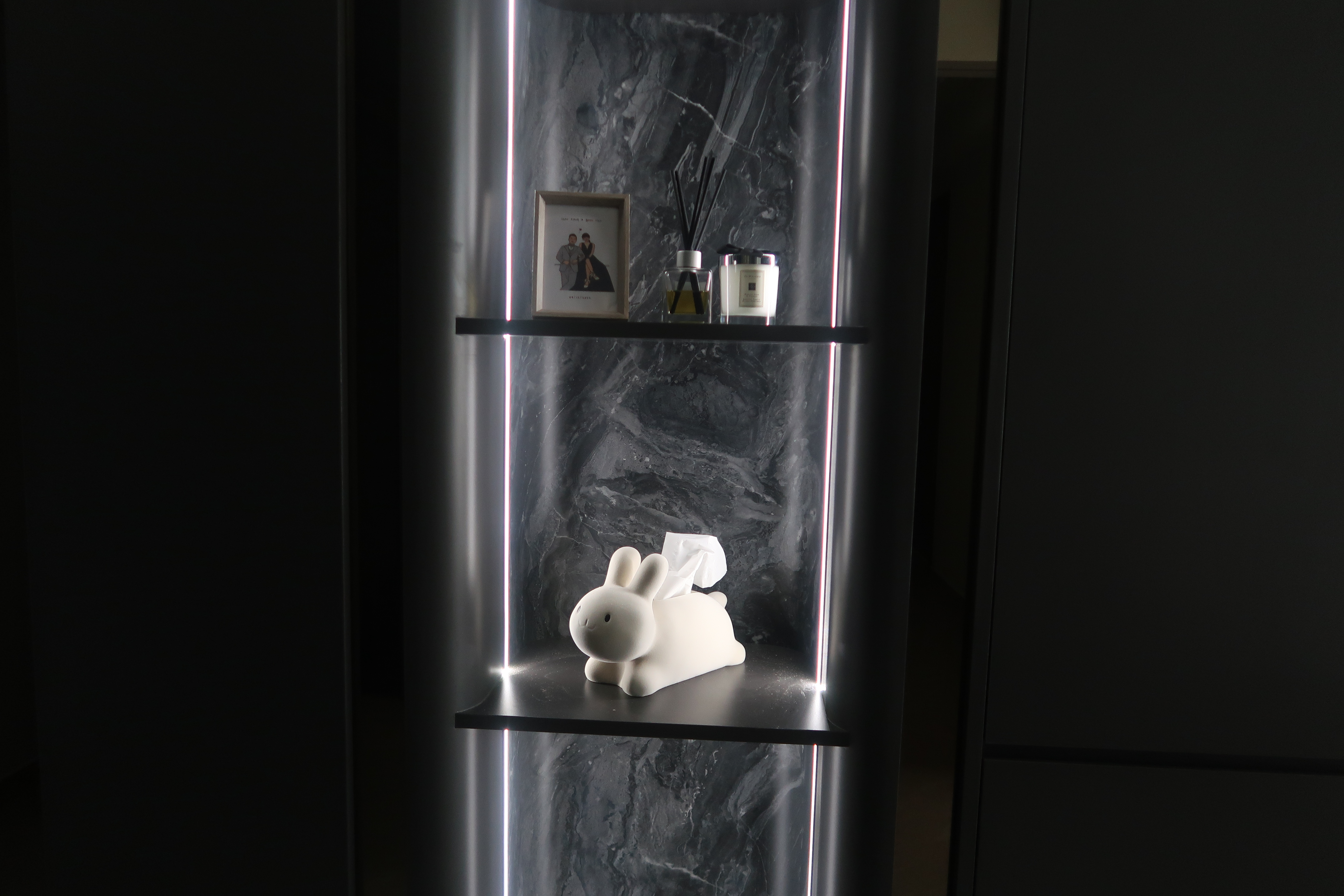 Simple and Sleek High Ceiling Living Room: Modern Dark Loft at North - Shelf with elegant decor, marble background, modern