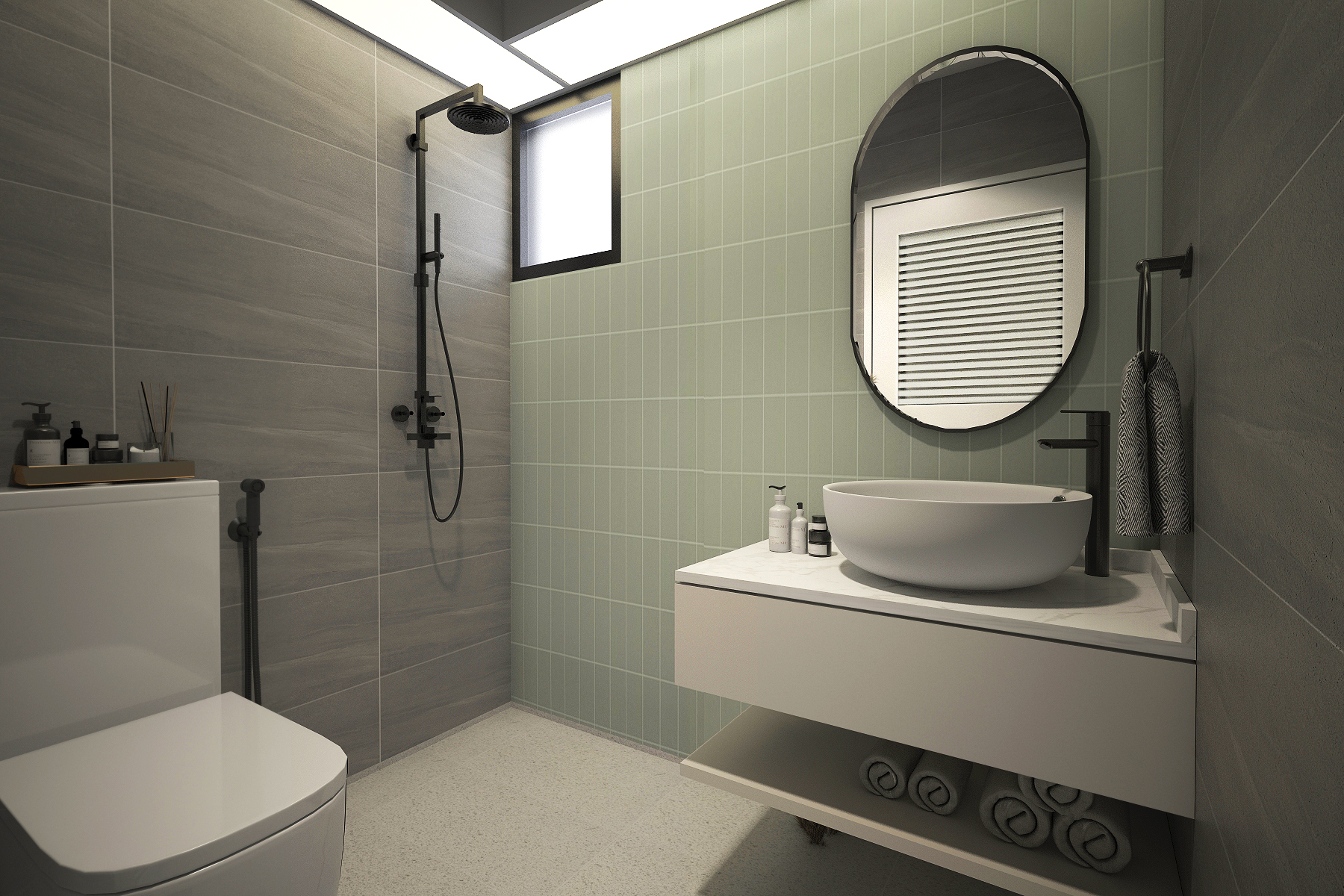 🏡🚻 Shower Screen: Yay or Nay?  - Modern bathroom with sleek design, gray tiles, white toilet, oval mirror, black