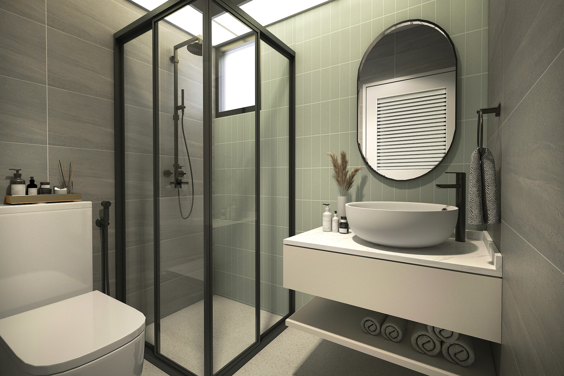 🏡🚻 Shower Screen: Yay or Nay?  - Modern bathroom with sleek design, glass shower enclosure, white toilet, oval mirror