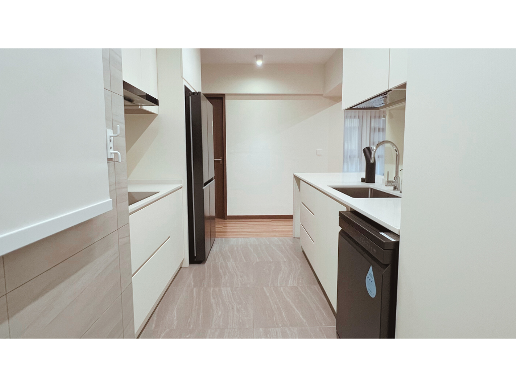 Kitchen | Chic and Functional | 5rm BTO in Tampines - Modern kitchen with sleek white cabinetry, stainless steel appliances