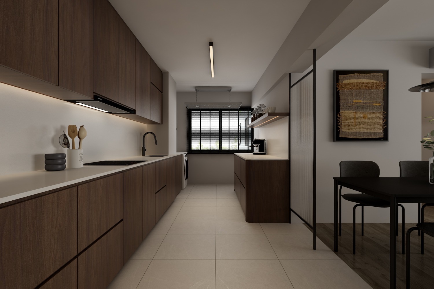 Kitchen: Dark But Functional - Wooden cabinetry, modern kitchen, tiled floor, black countertops, stainless steel appliances