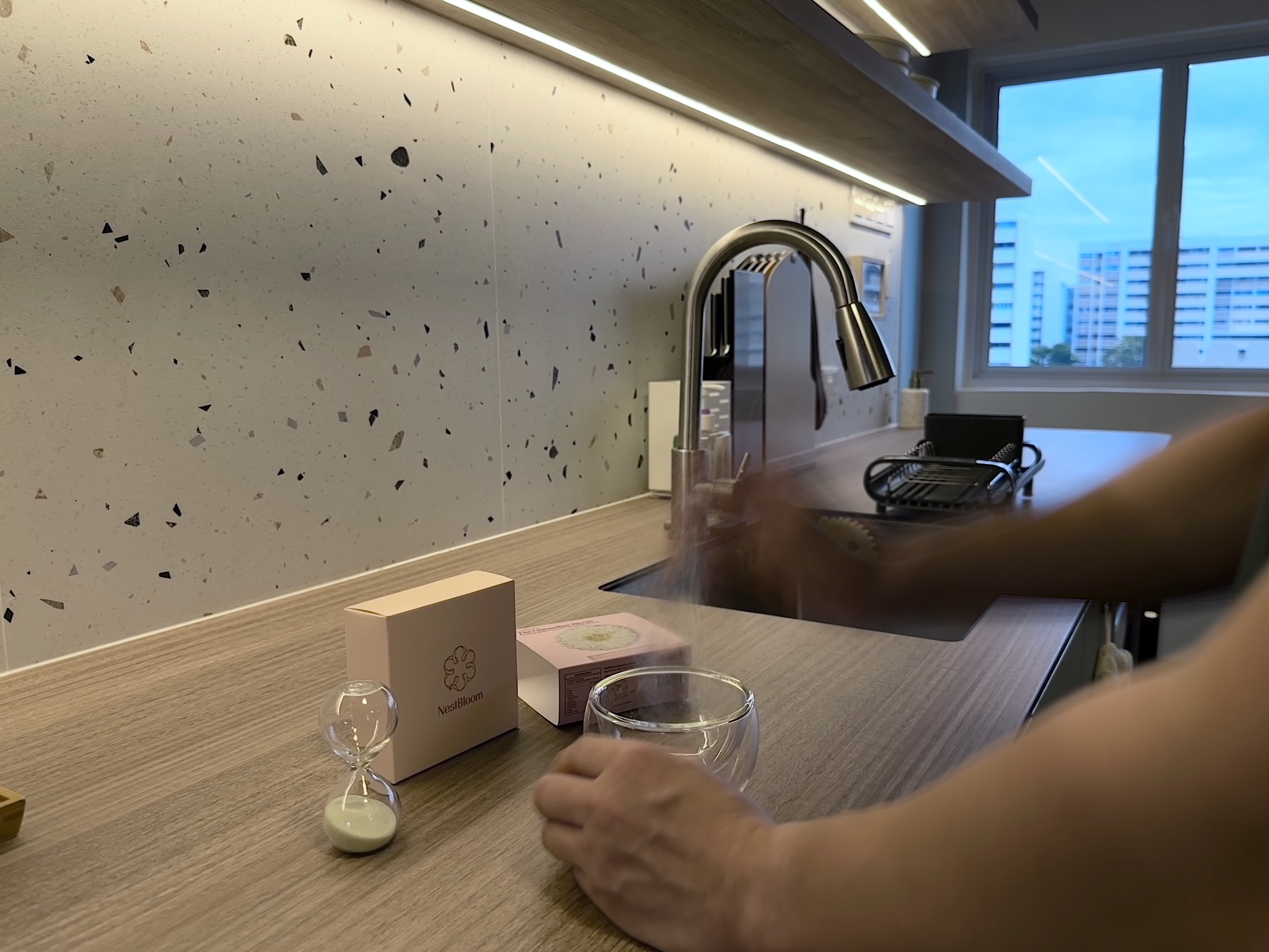 Earthy Minimalist Kitchen with Open Shelves & Maximised Storage - NestBloom, modern kitchen, countertop, hourglass, glass