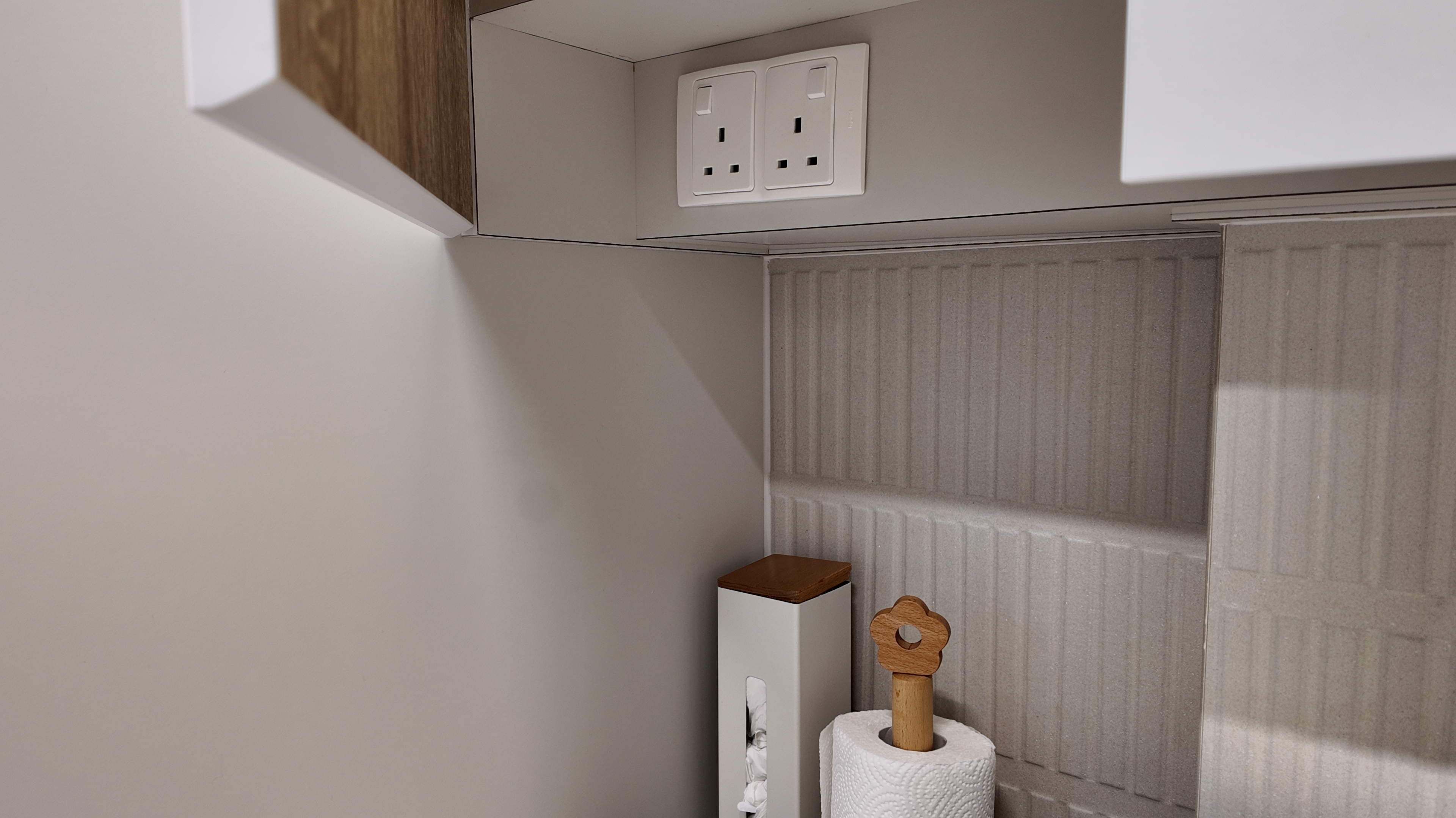 Our Simple U-Shape Kitchen: Maximising Space Without a Service Yard - White toilet paper holder, wooden toilet paper roll