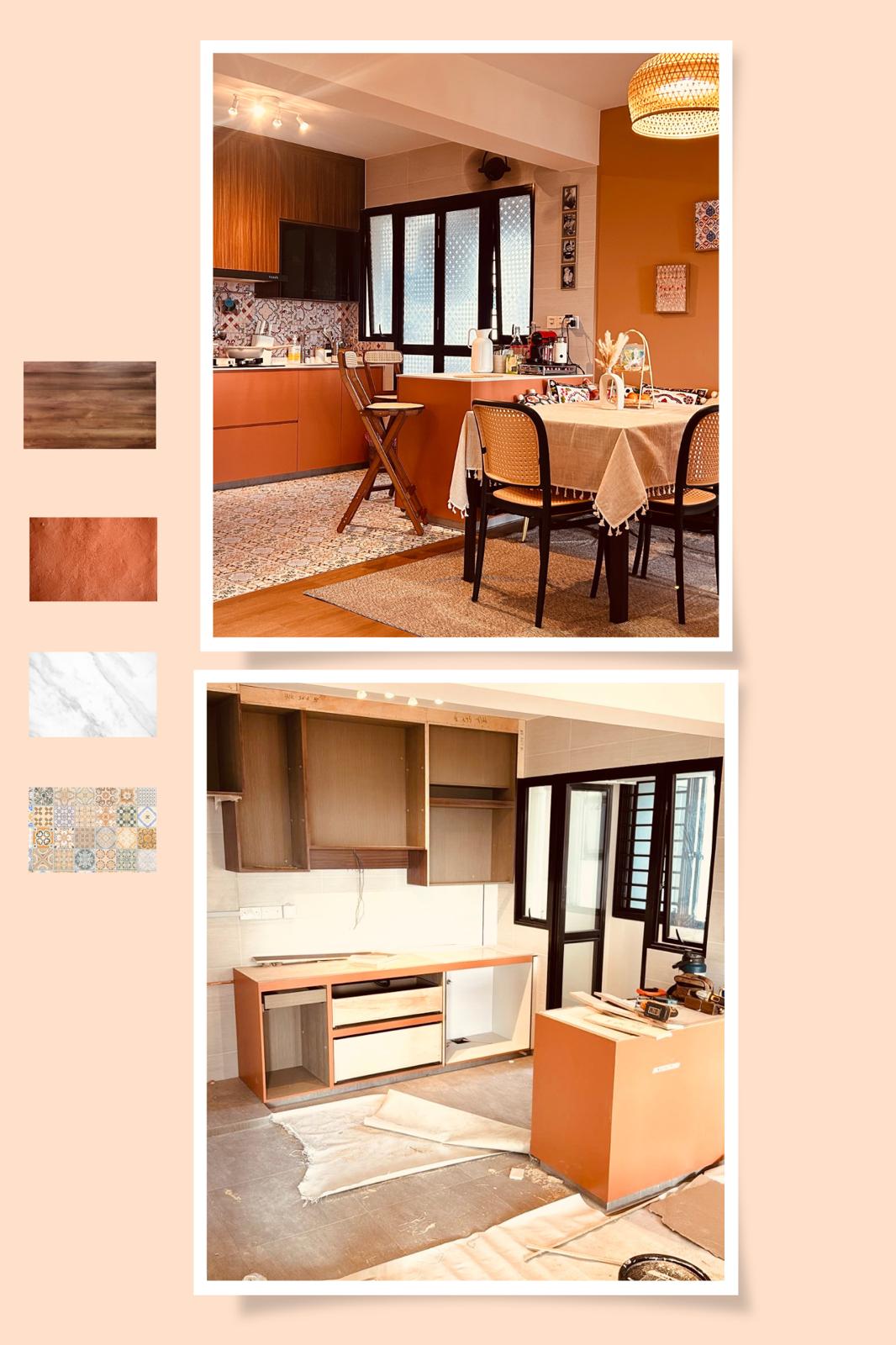 Our open and minimalist  Terra Boho Kitchen! - Wooden kitchen, dining area, modern design, warm color palette, orange and