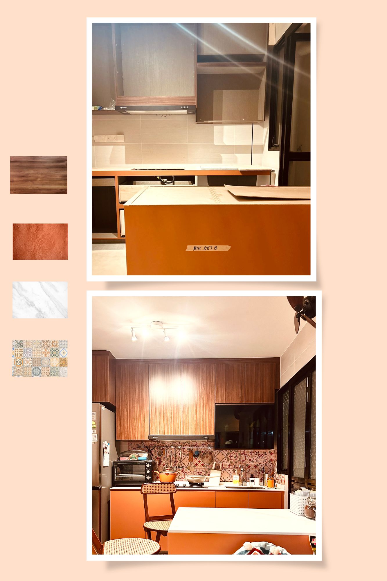 Our open and minimalist  Terra Boho Kitchen! - Wooden cabinets, modern kitchen, orange countertops, tiled backsplash