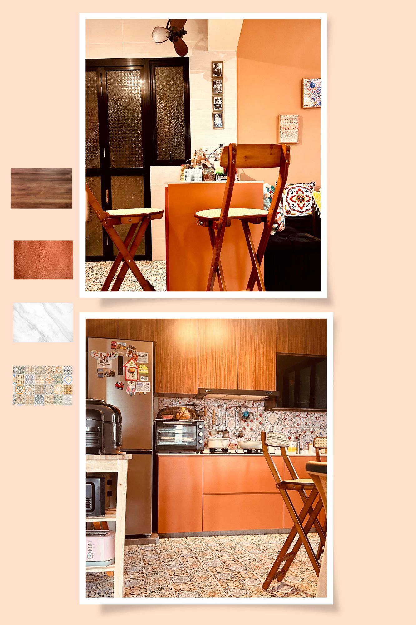 Our open and minimalist  Terra Boho Kitchen! - Orange kitchen, cozy dining area, modern furniture, wooden dining chairs