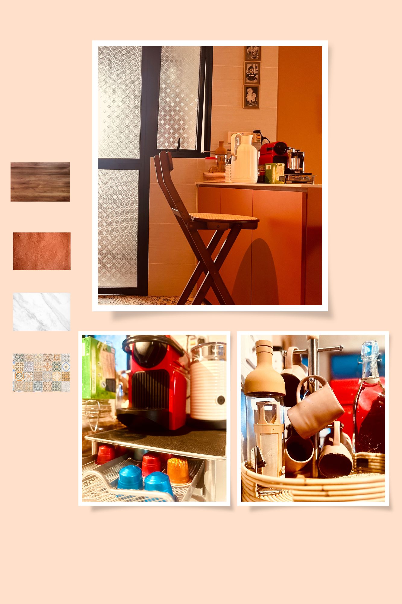 Our open and minimalist  Terra Boho Kitchen! - Wooden kitchen counter, modern kitchen, wooden chair, wooden cabinets, orange