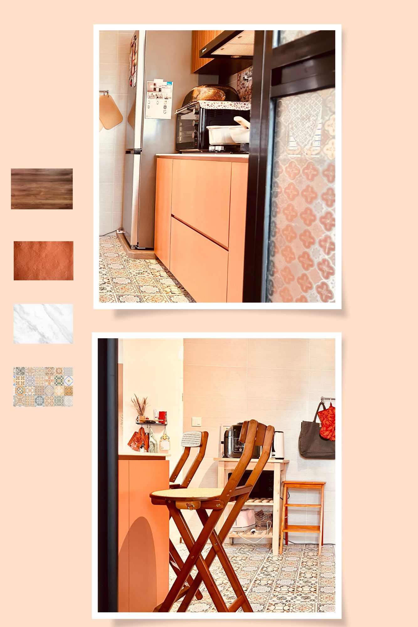 Our open and minimalist  Terra Boho Kitchen! - Olive green kitchen cabinets, rustic countertop, patterned tile floor, wooden
