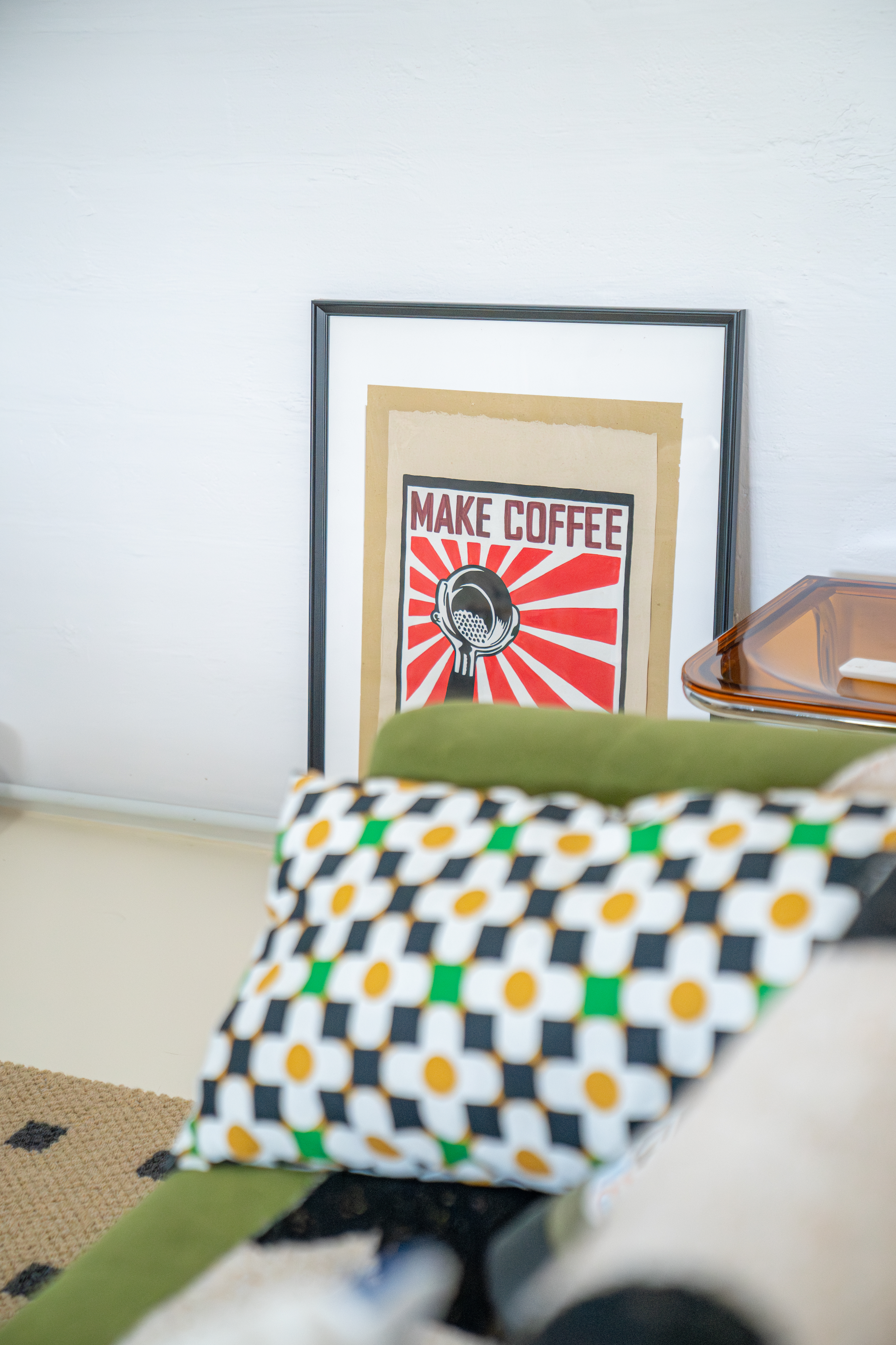 Our 2-in-1 Living Room: A space created for comfort and entertainment  - Coffee-themed poster on white wall, Framed artwork