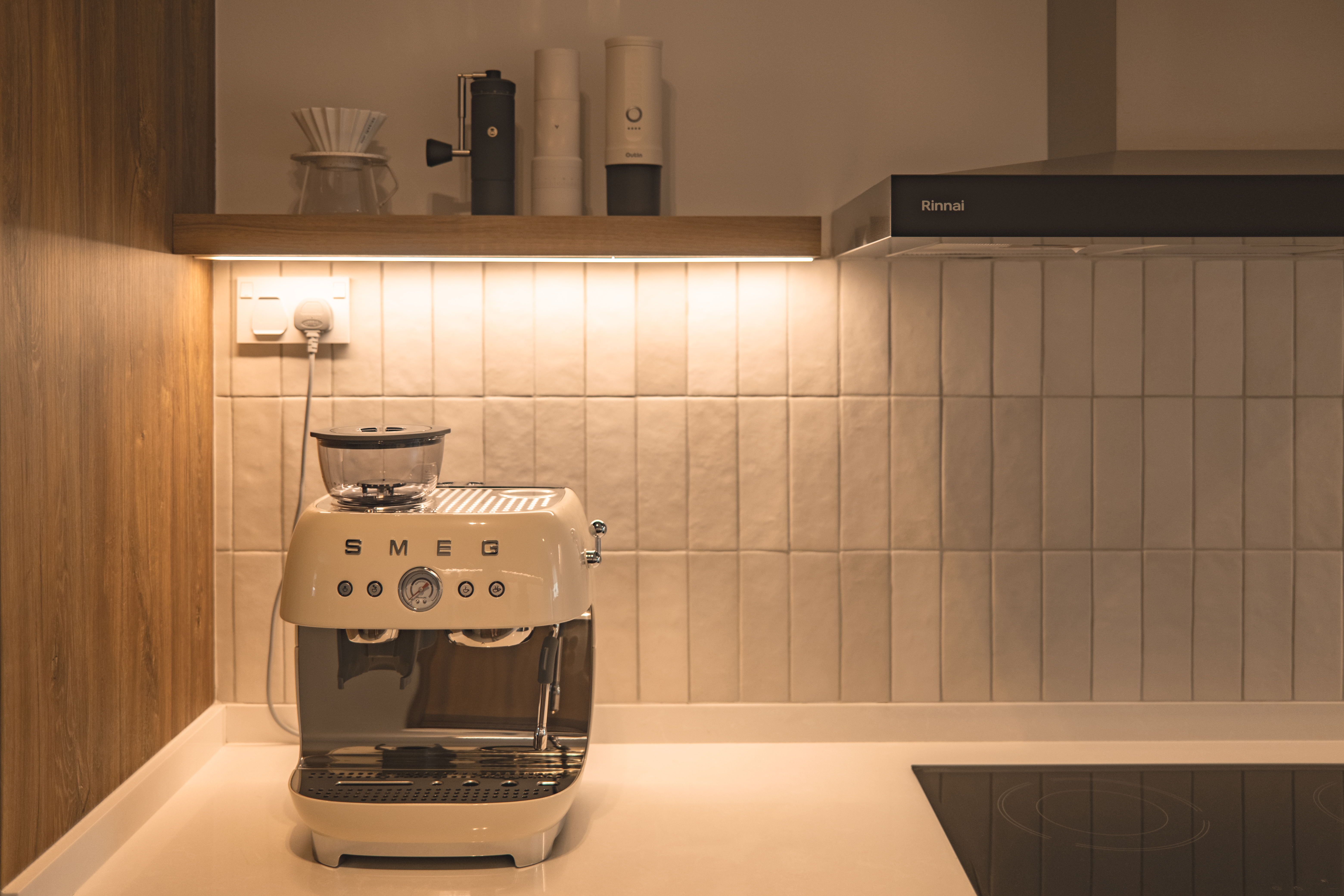Warm Wood & Clean Lines: A Tour of Our Cozy Minimalist Kitchen - Modern kitchen, espresso machine, Rinnai brand, beige color