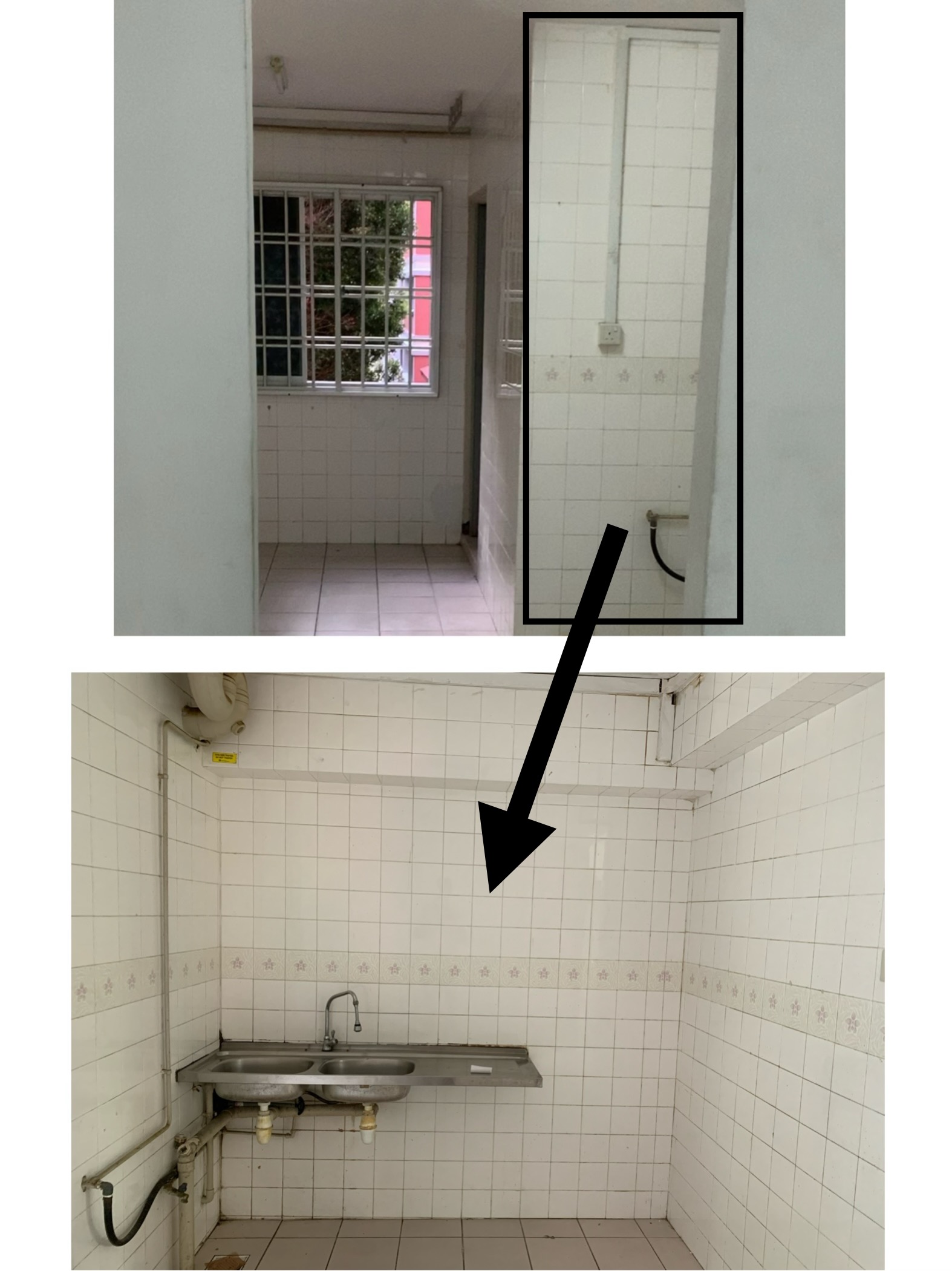 A Minimalist Kitchen Hidden in Our Maximalist Home - tiled bathroom, white tiled walls, sink and faucet, metal sink, plumbing
