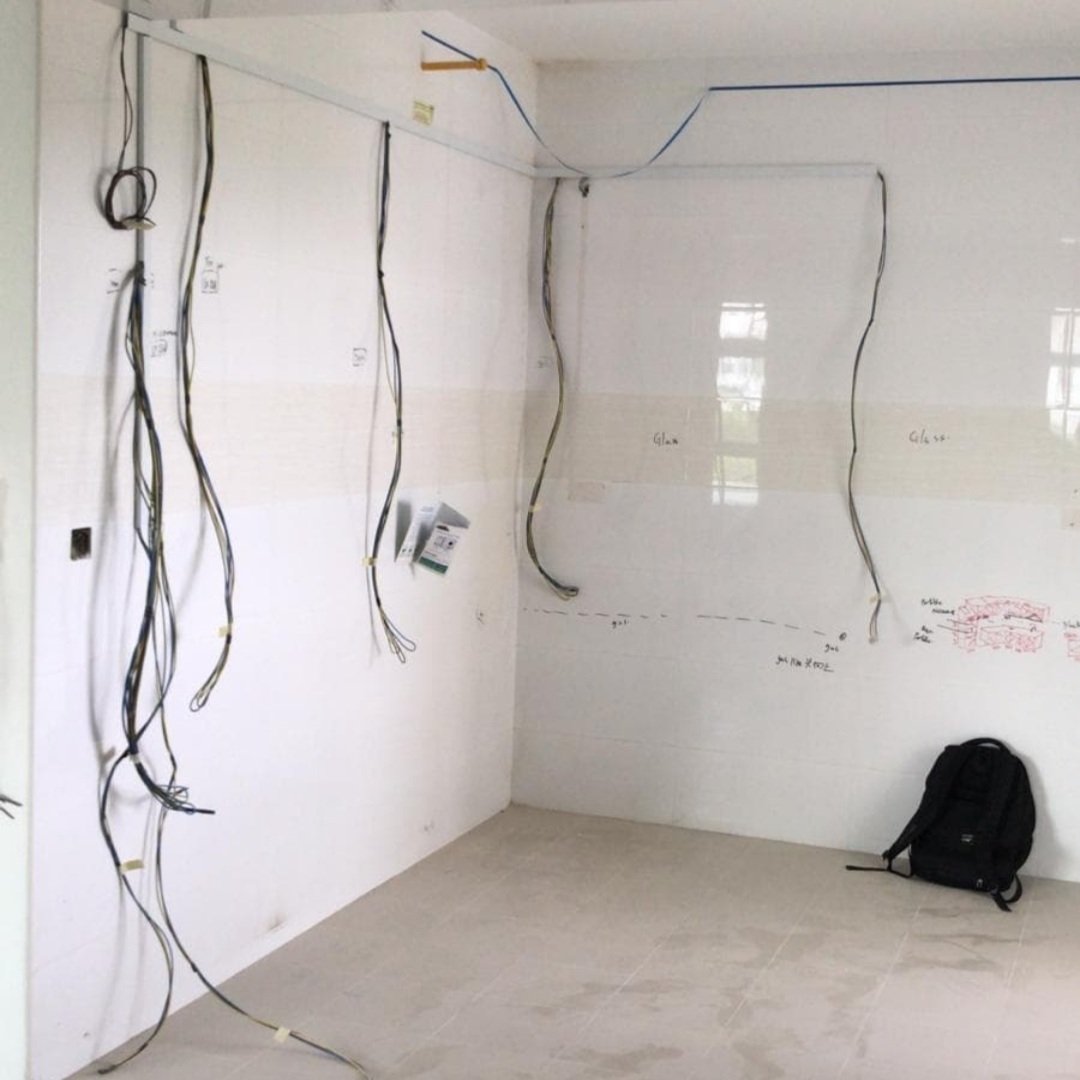 Our airy black & white kitchen! - wire, cables, electrical work, unfinished room, construction site, wall paneling