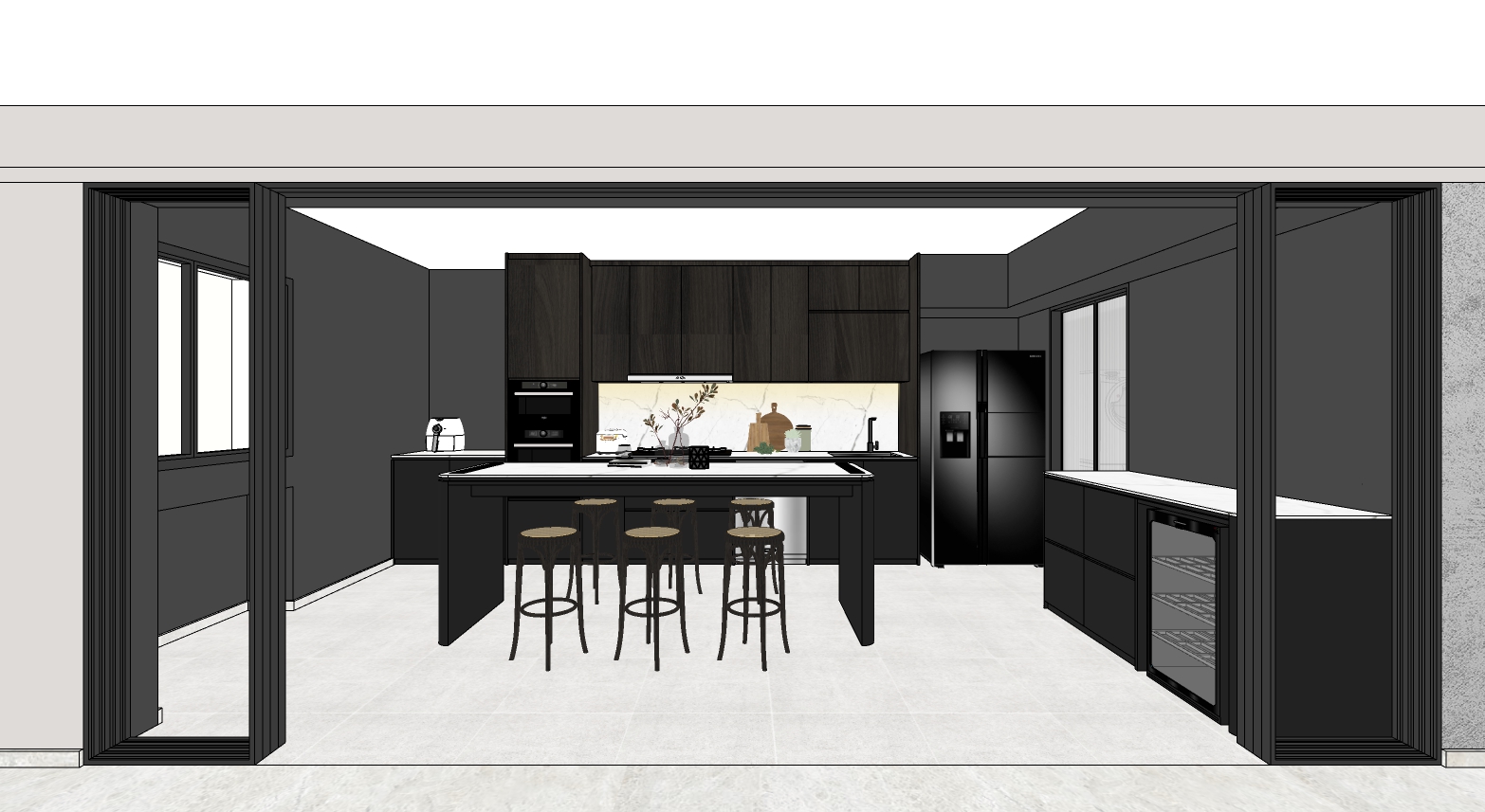 Tearing down the walls: Dark and Minimalistic Kitchen  - Modern kitchen with sleek black cabinetry, island with bar stools