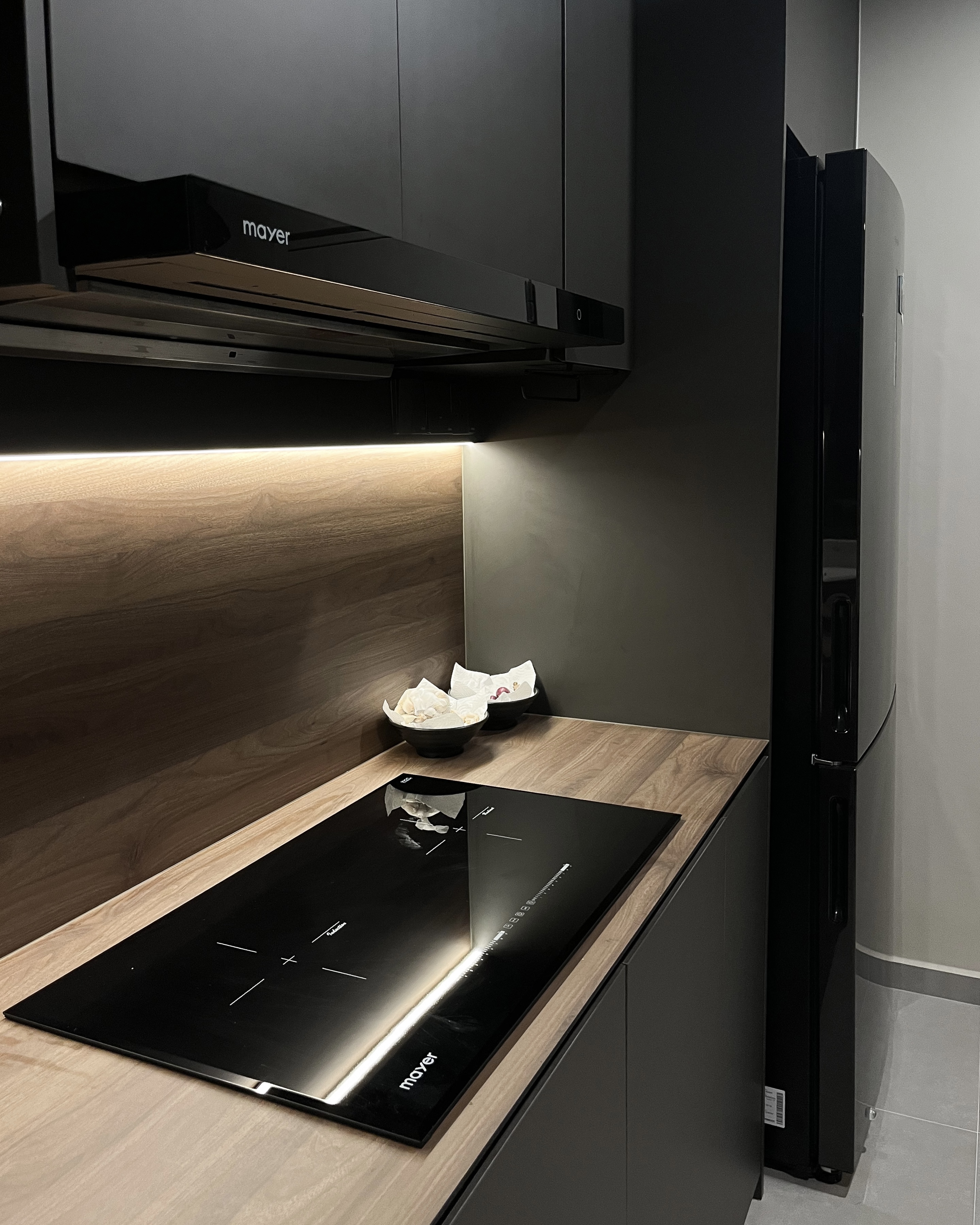 How Our Dark, Contemporary Kitchen Transforms From Day to Night - black kitchen stove, modern kitchen design, sleek