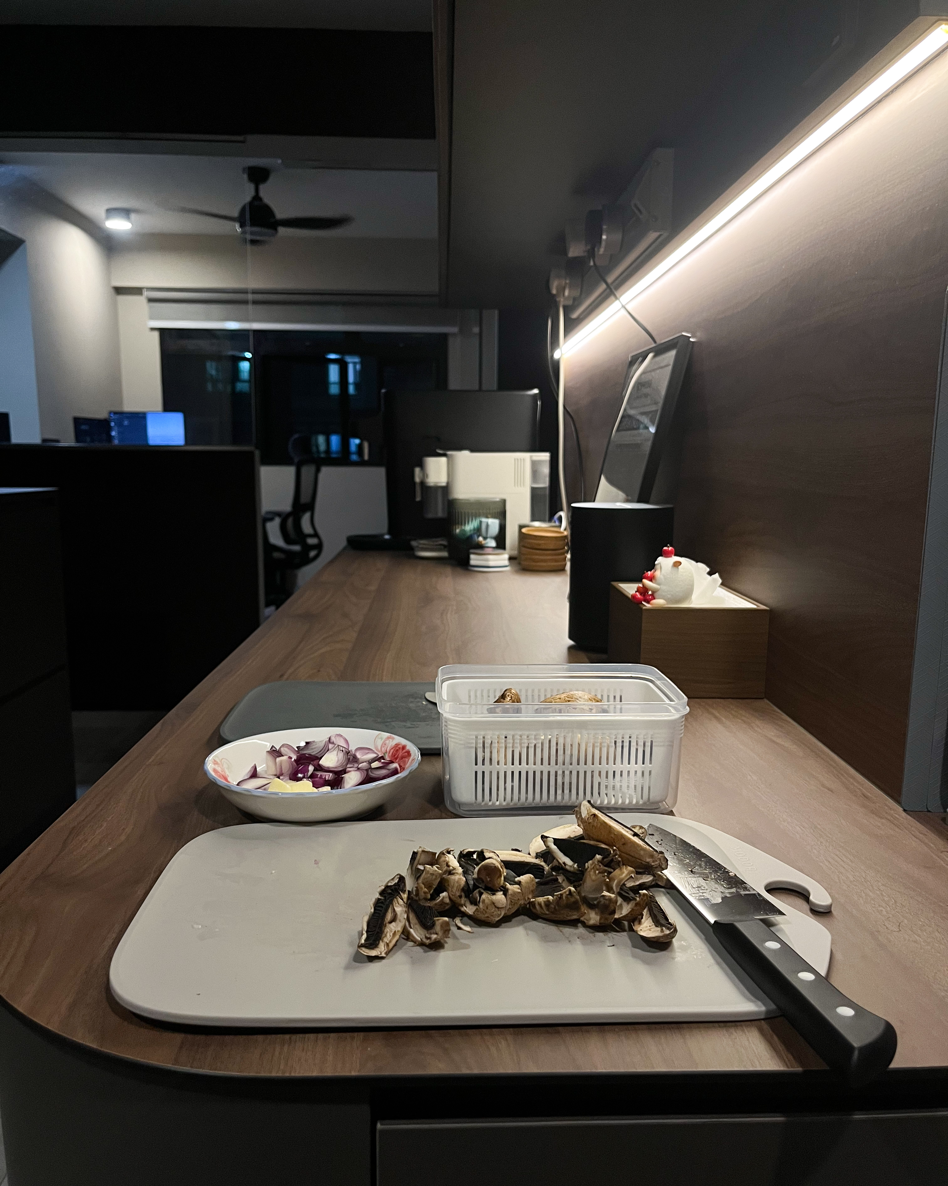 How Our Dark, Contemporary Kitchen Transforms From Day to Night - wooden kitchen countertop, modern kitchen, dining area