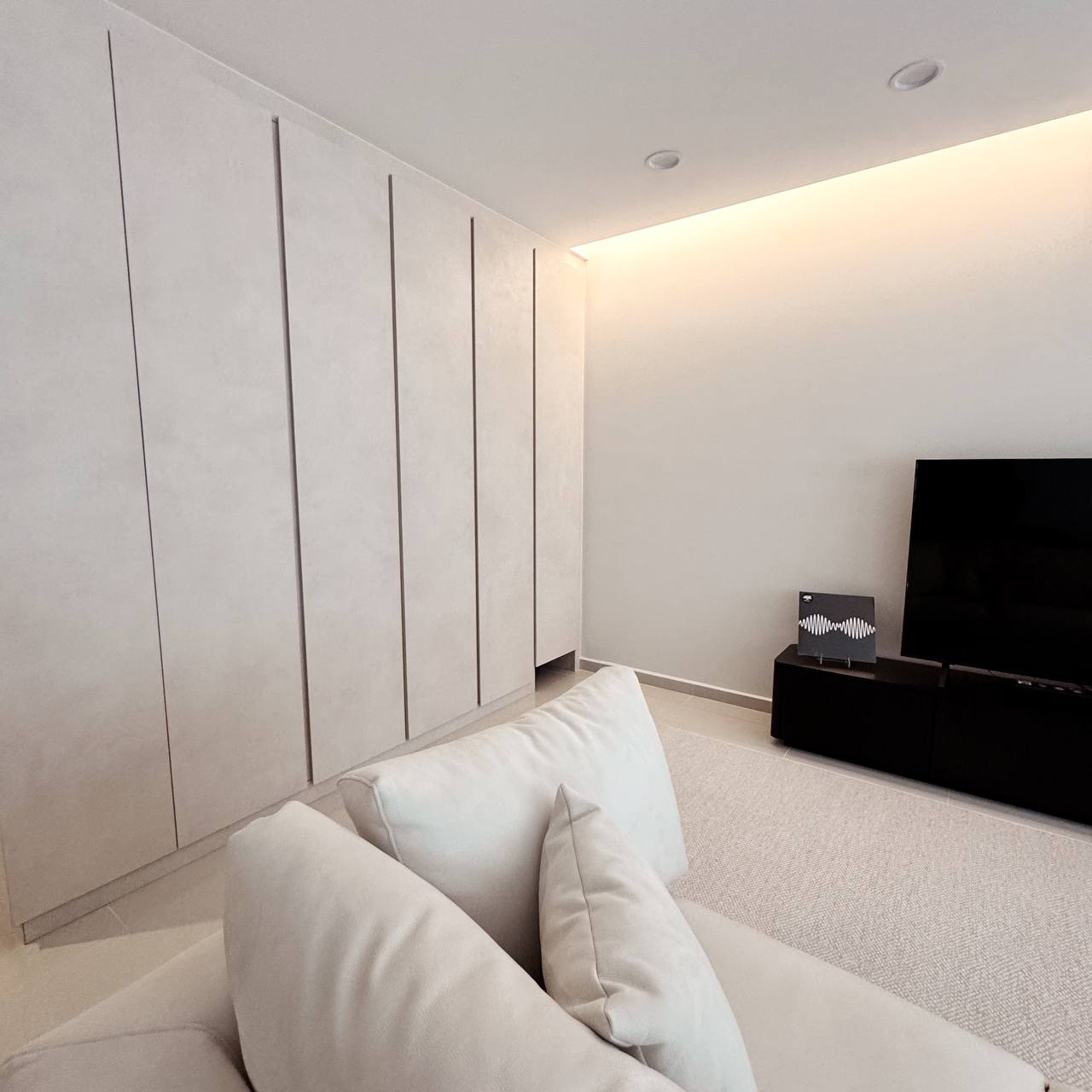 Our Living Room with ZERO Built-Ins | 5 Room BTO in the West  - Light-colored, minimalist living room with sleek, modern