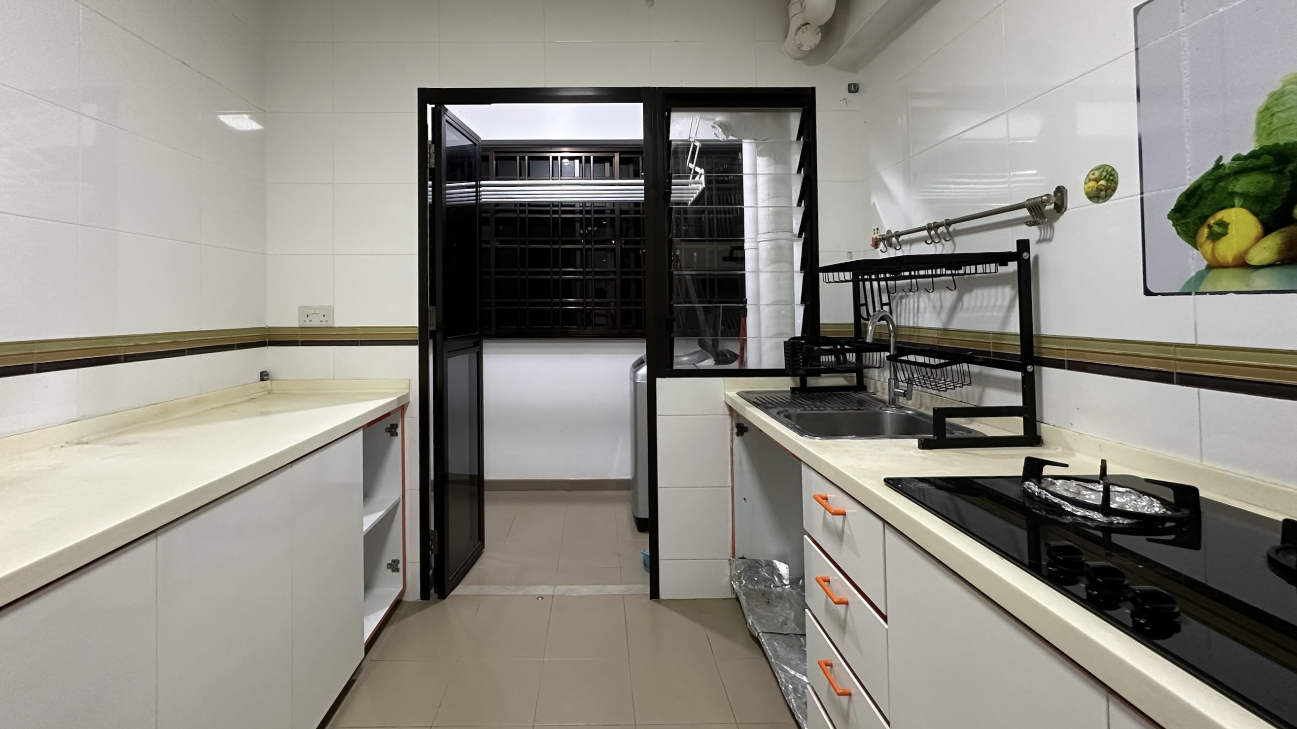 Our Open-Close Kitchen: Where Maximum Enjoyment Meets Minimum Chores - White tiled walls, black cabinets, beige countertops