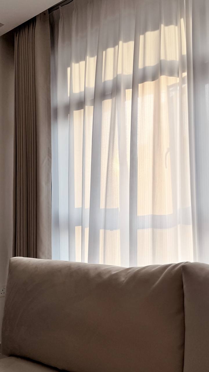 Our Living Room with ZERO Built-Ins | 5 Room BTO in the West  - Sunlight streaming through sheer curtains, soft beige sofa