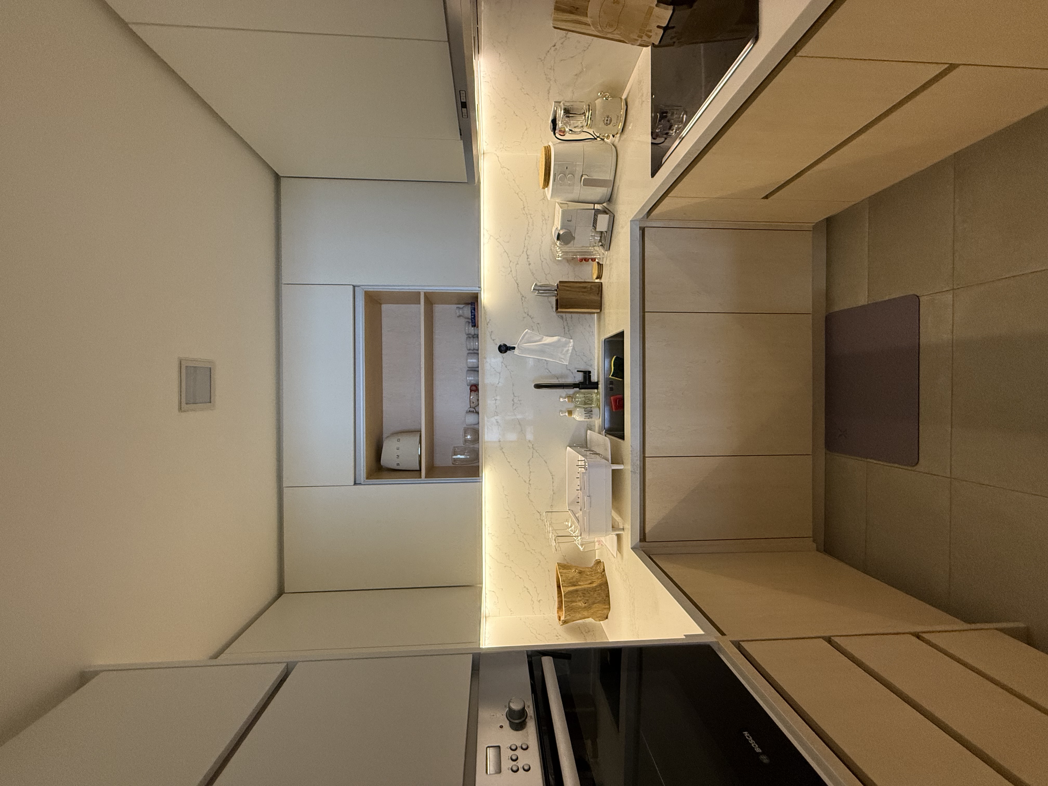Our Kitchen: Minimalist and Cozy!  - modern kitchen, open storage, integrated appliances, sleek design, minimalist decor