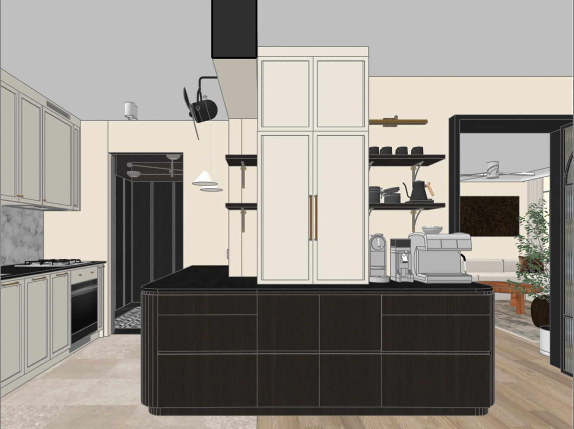 Small Kitchen, Big Functionality: 3-in-1 Kitchen, Coffee & Bfast Bar - Modern kitchen with sleek design, black countertops