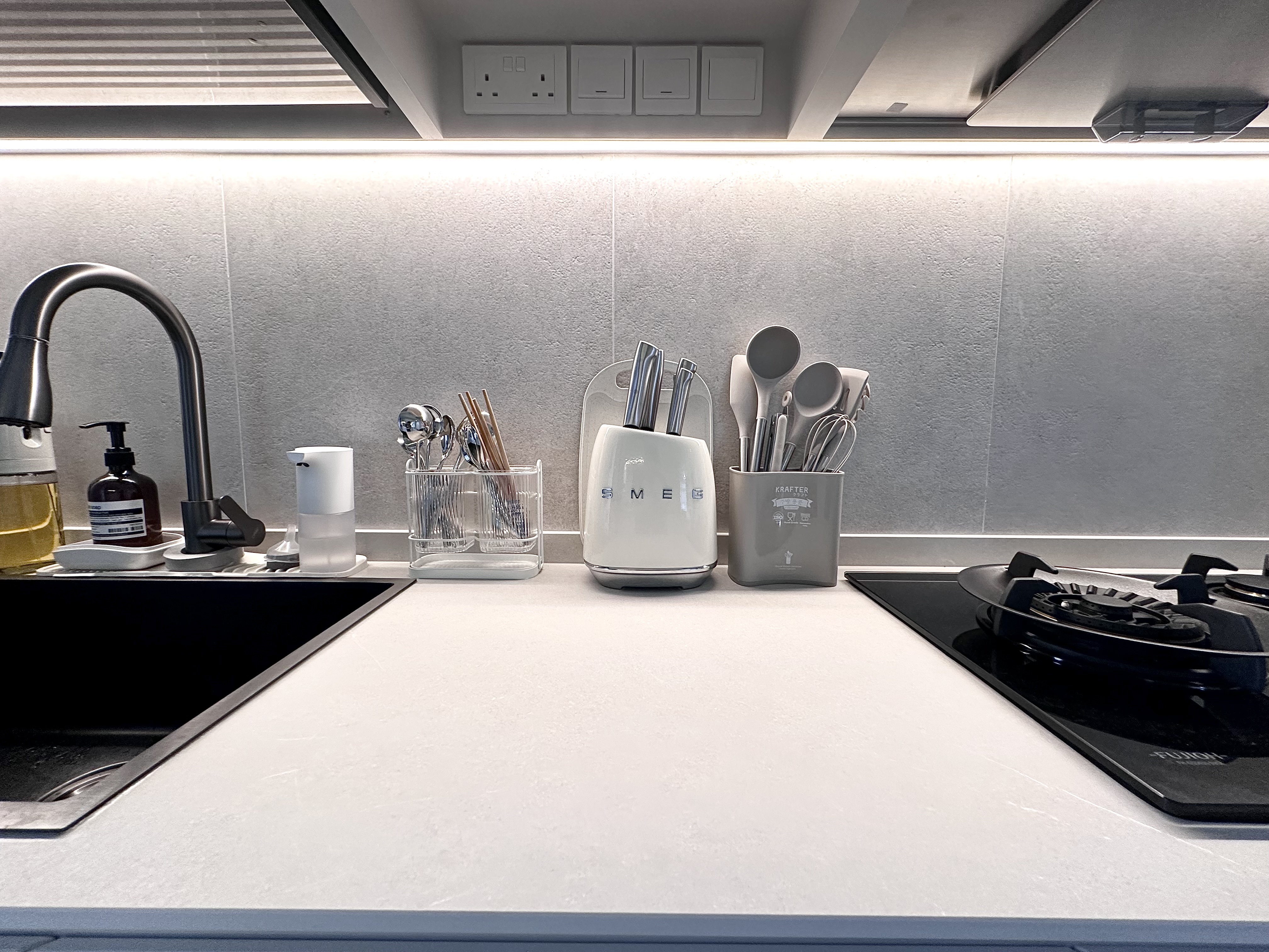 Simple Spaces: Minimalistic full white and grey open-concept kitchen - modern kitchen countertop, sleek design, minimalist