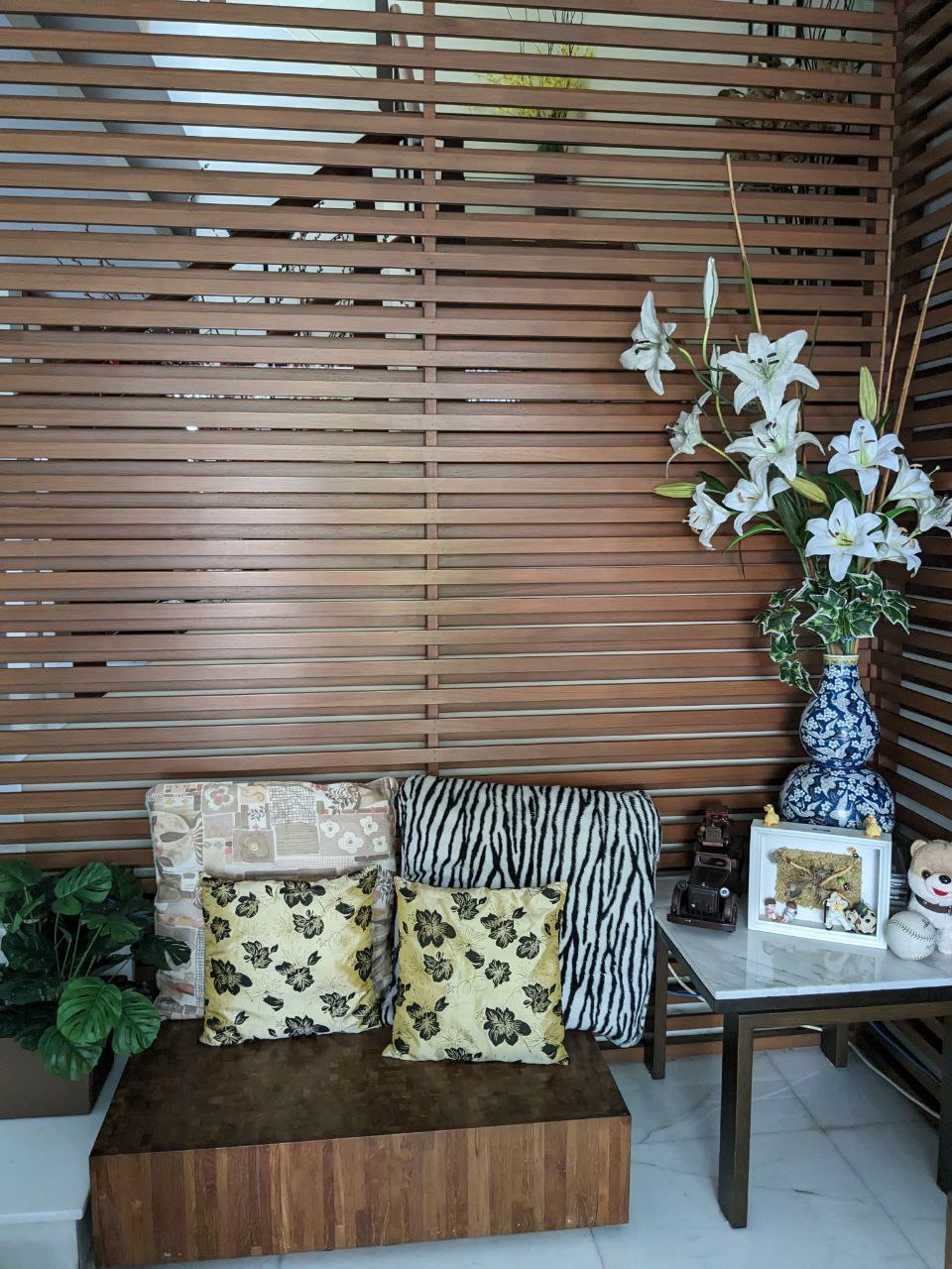 Inside our modern minimalistic sanctuary designed like a hotel  - Wooden slatted wall, modern decor, cozy seating area