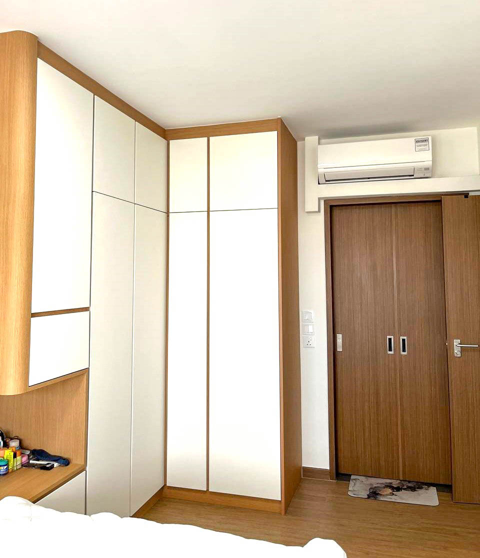 From Vision to Reality: Revamping Our Master Vanity Space - Wooden wardrobe with sliding doors, minimalist design, white and