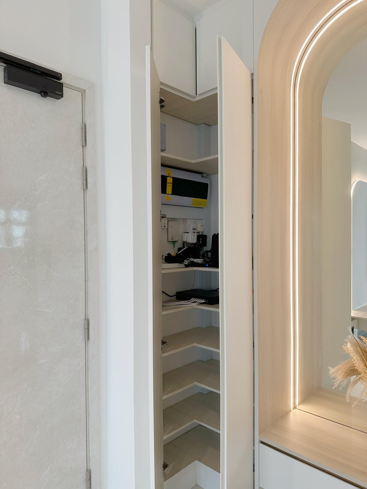 Before & After: Japandi Luxe Entryway - Wooden wardrobe with open doors, minimalist design, integrated shelving, modern