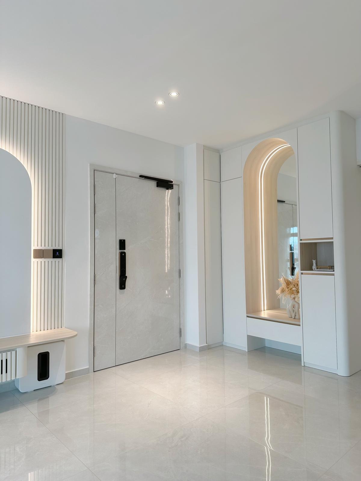 Before & After: Japandi Luxe Entryway - Modern minimalist interior, sleek white cabinets, polished marble floor, contemporary