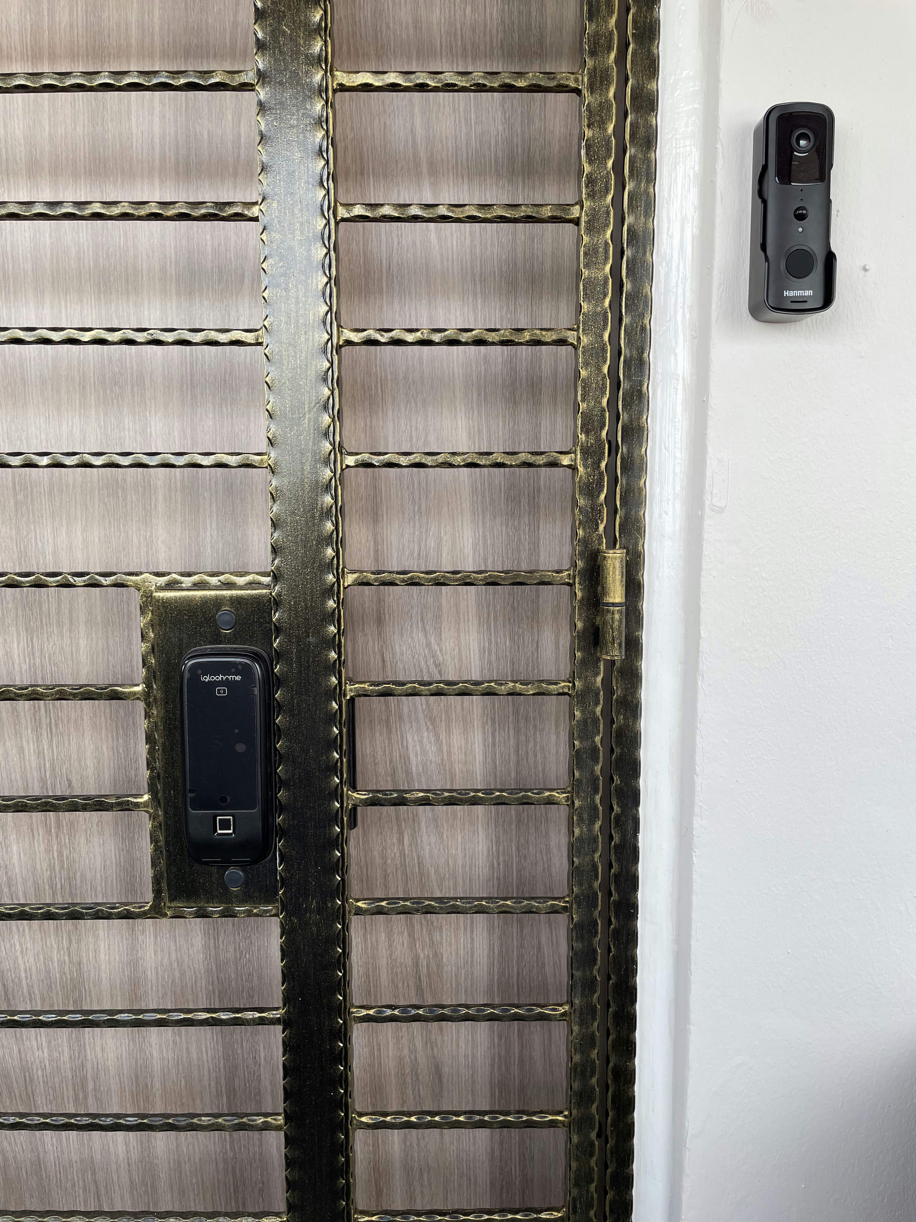 Our Entrance: Maximising storage while keeping it minimalist  - Door with gold chain design, black camera, white wall