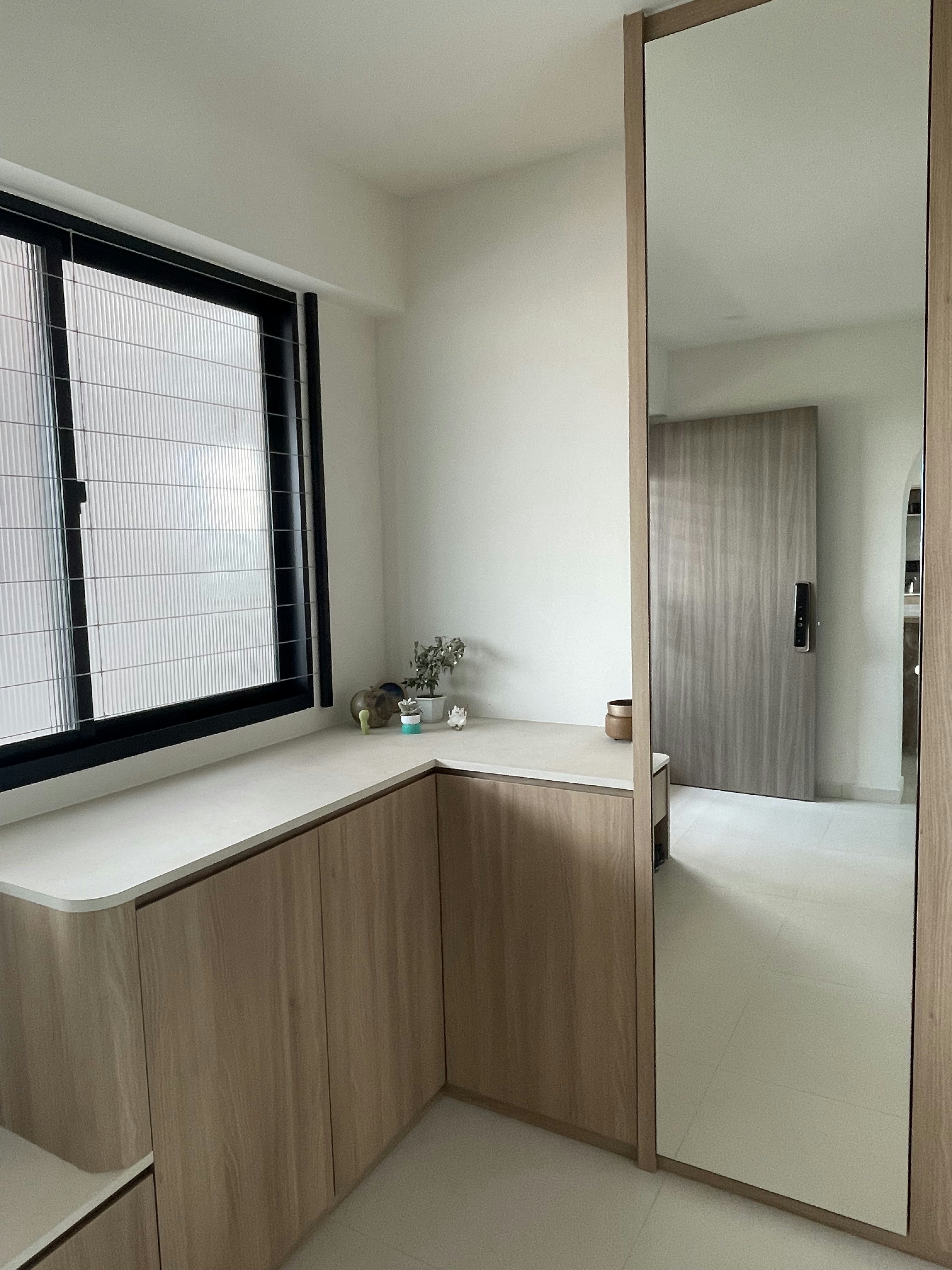 Our Entrance: Maximising storage while keeping it minimalist  - Wooden cabinetry, minimalist design, light beige countertop