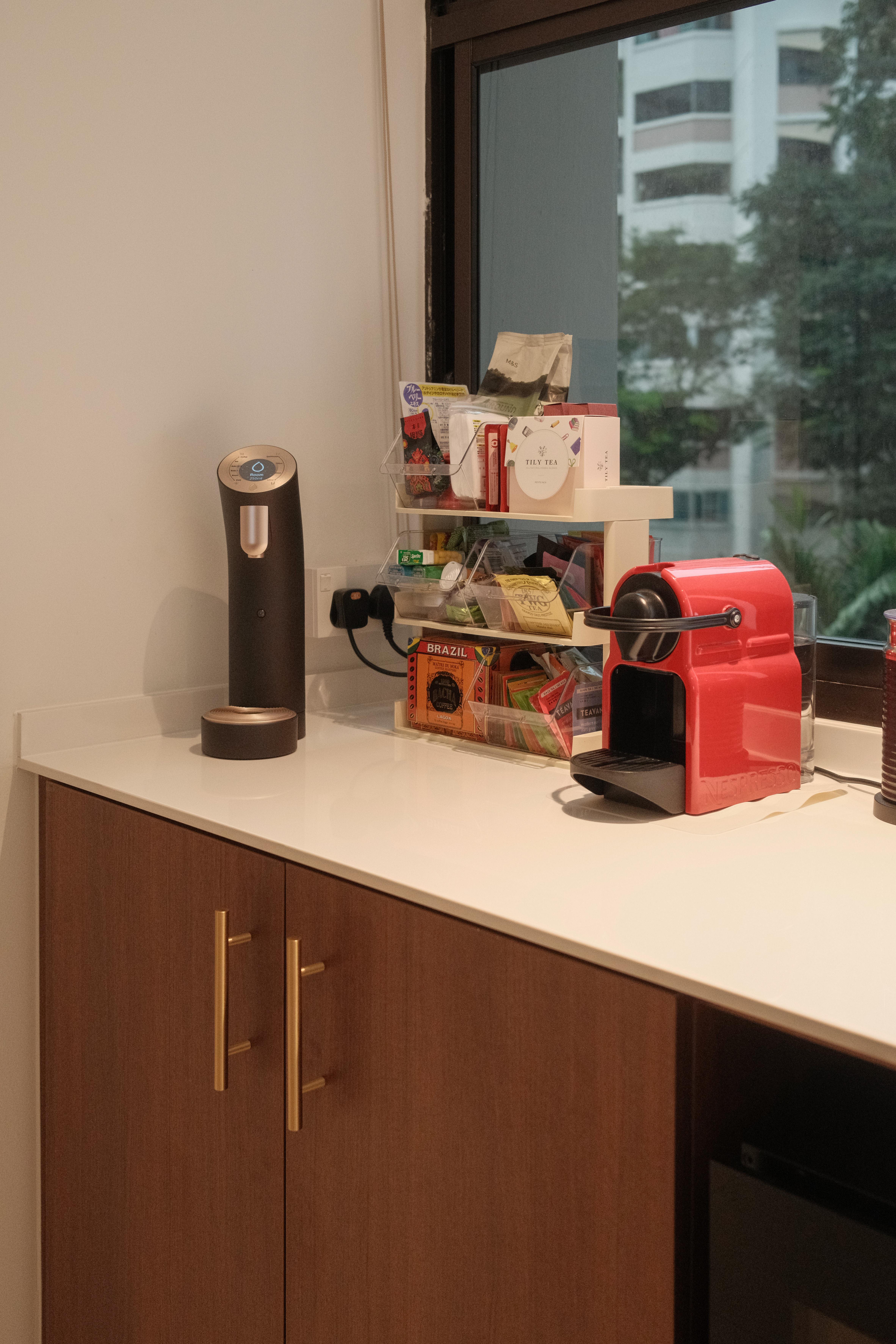 Working Around a Compact Kitchen with an Extended Dry Pantry - coffee maker, red espresso machine, kitchen counter, wooden