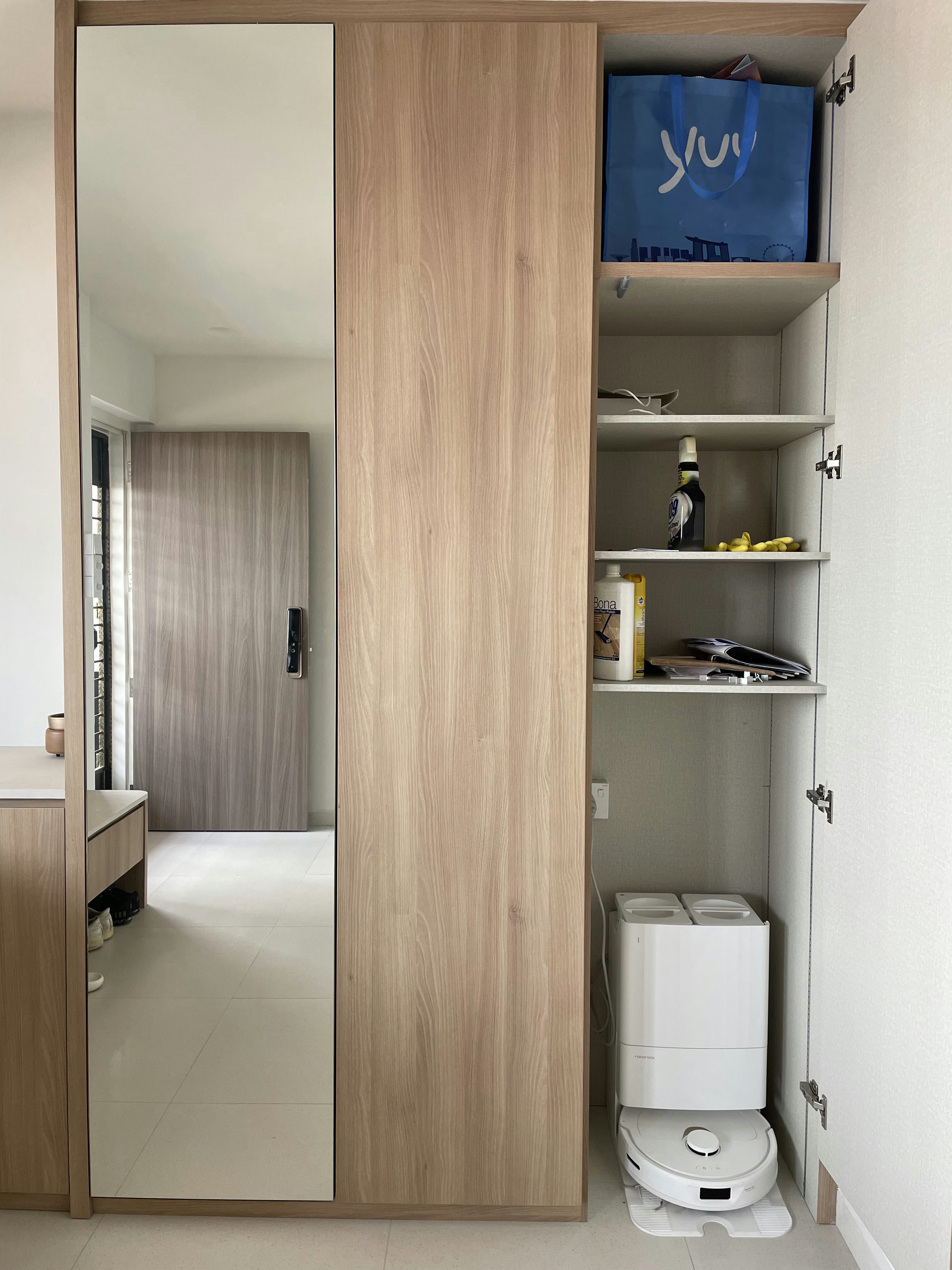 Our Entrance: Maximising storage while keeping it minimalist  - Wooden wardrobe, open door, interior view, light-colored