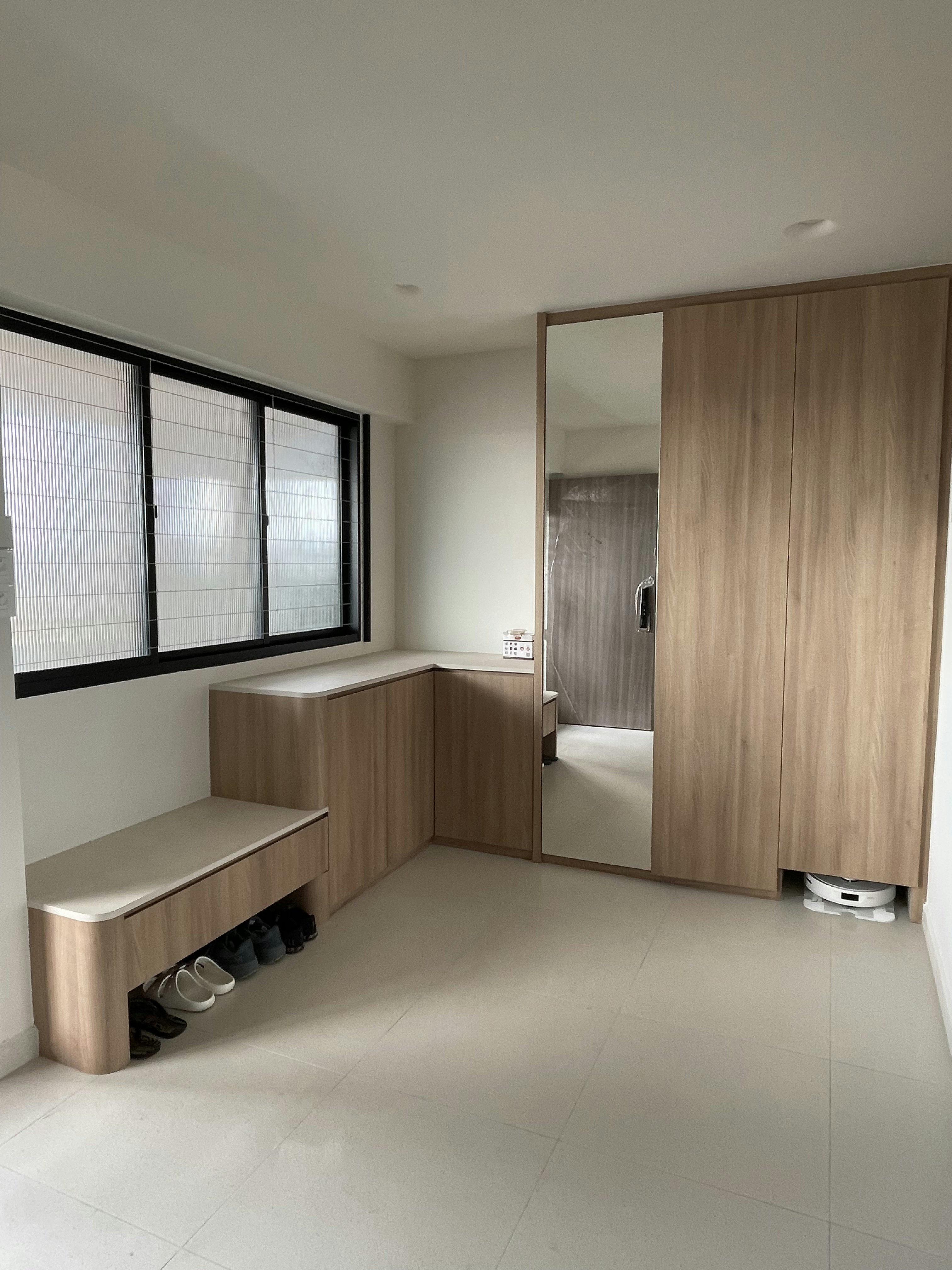 Our Entrance: Maximising storage while keeping it minimalist  - Wooden cabinetry, minimalist design, built-in sink, tiled