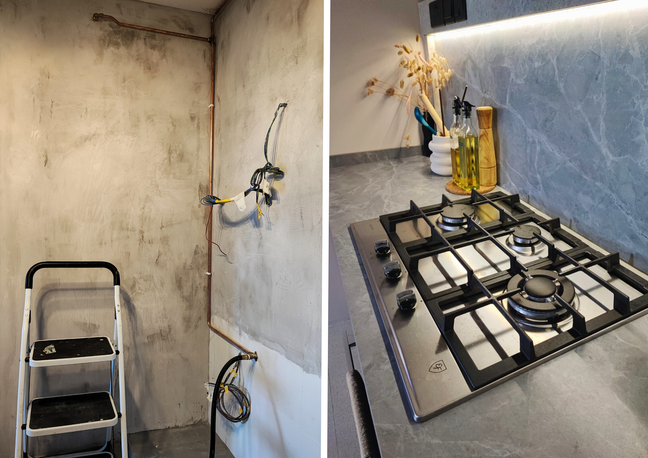 Before & After: Transforming a Kitchen on a Budget! - Cemented wall, exposed pipes, unfinished wall, kitchen renovation, gas