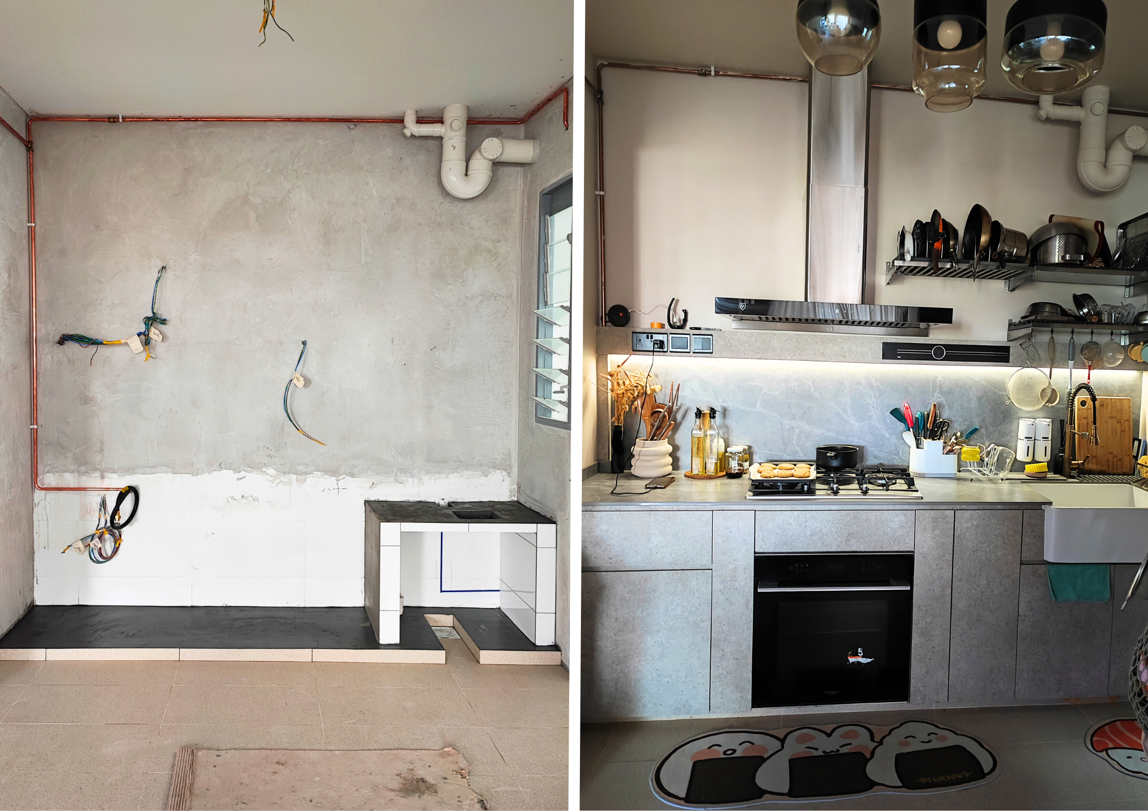 Before & After: Transforming a Kitchen on a Budget! - Modern kitchen with exposed pipes, under-construction walls, white