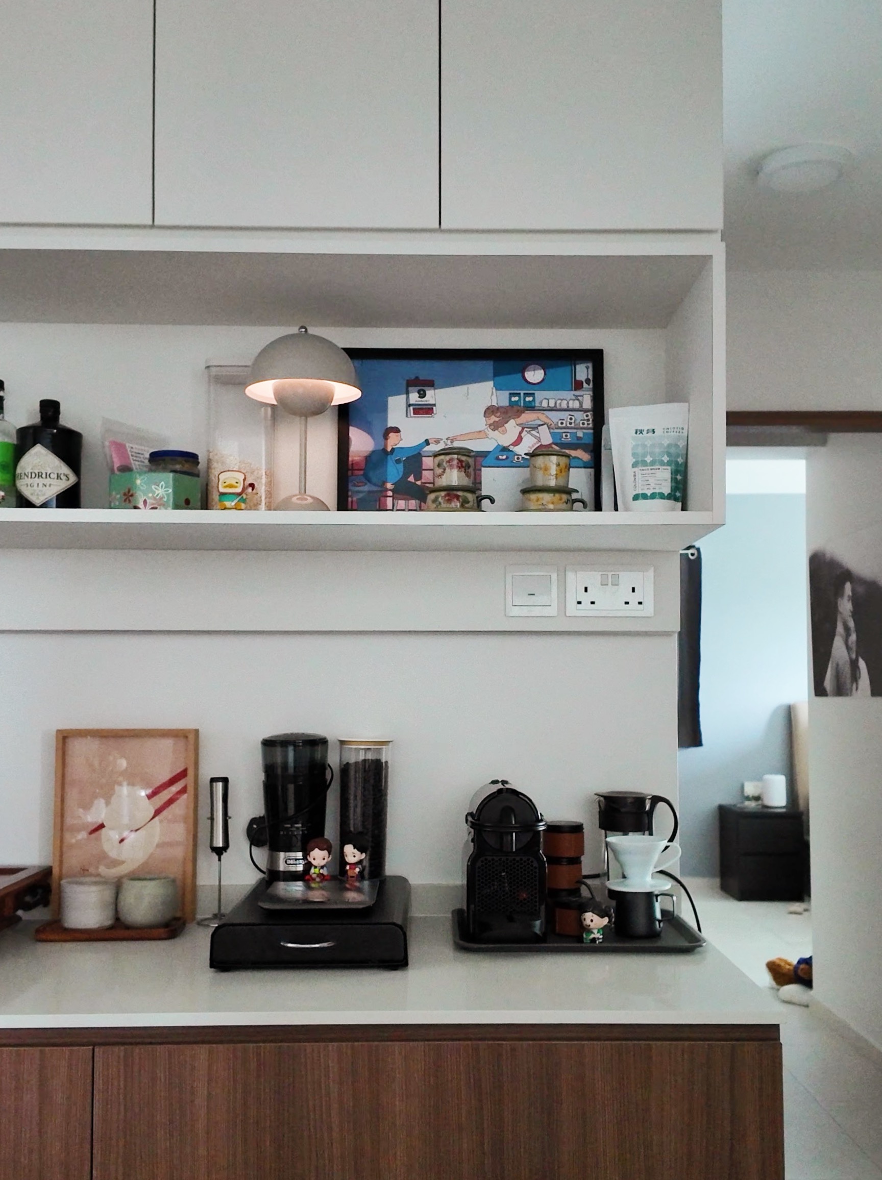 Inside our kopitiam-inspired cozy kitchen  - coffee maker, coffee beans, coffee machine, thermos, sugar container, spice jar