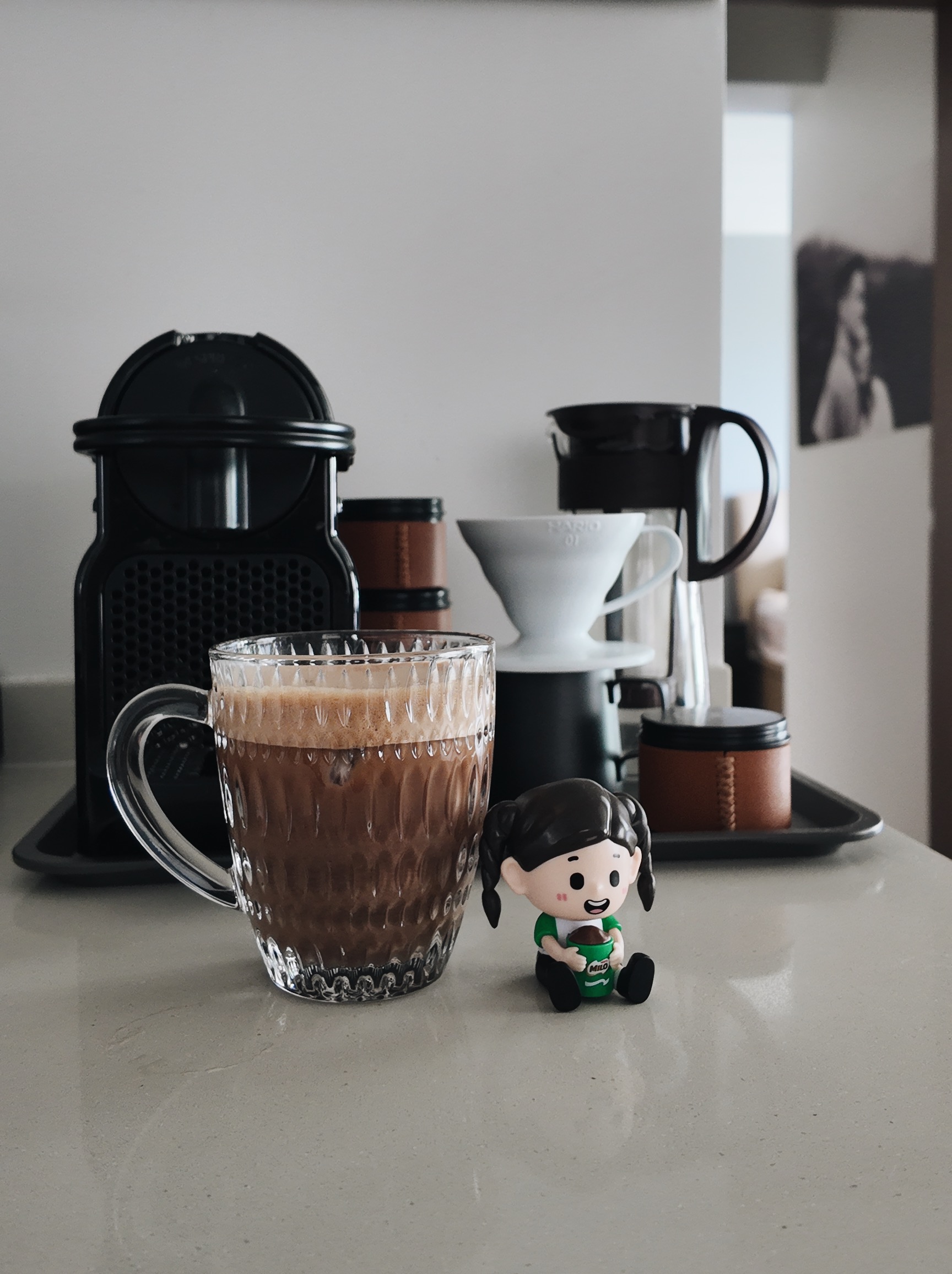 Inside our kopitiam-inspired cozy kitchen  - glass mug, chocolate drink, frothy beverage, coffee, latte art, miniature