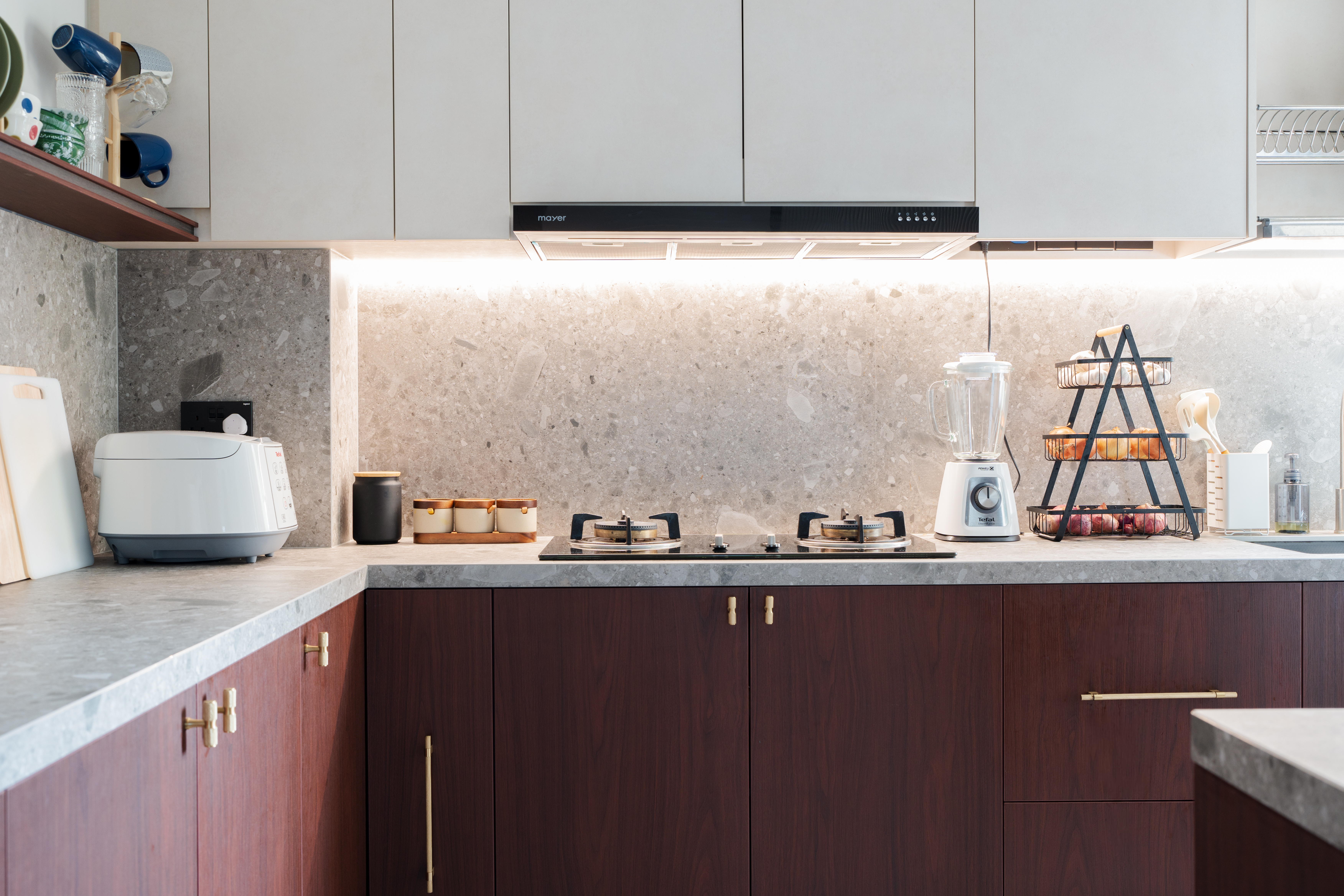 Our open concept kitchen: Warm wood meets terrazzo! ✨🤍 - Modern kitchen with white cabinets, gray marble countertop