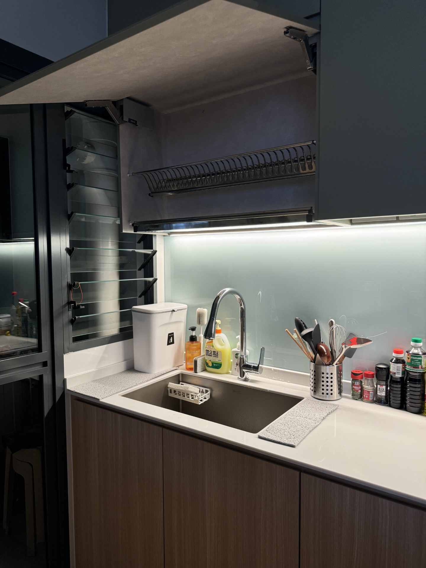 Cooking Time! Open Concept Kitchen & Dry Pantry  - modern kitchen sink, stainless steel faucet, under-cabinet lighting, white