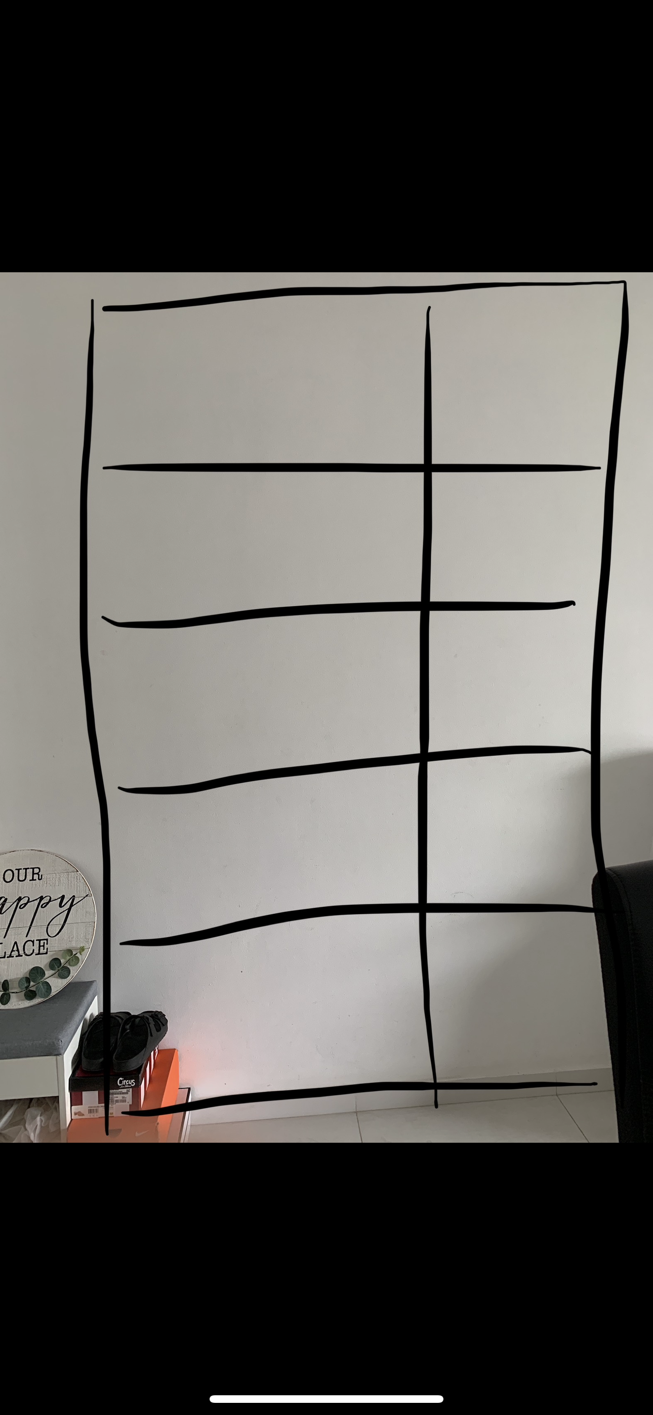 Before & After: Our Entryway With Styling VS Without Styling  - White wall with black grid lines, Black lines on a white