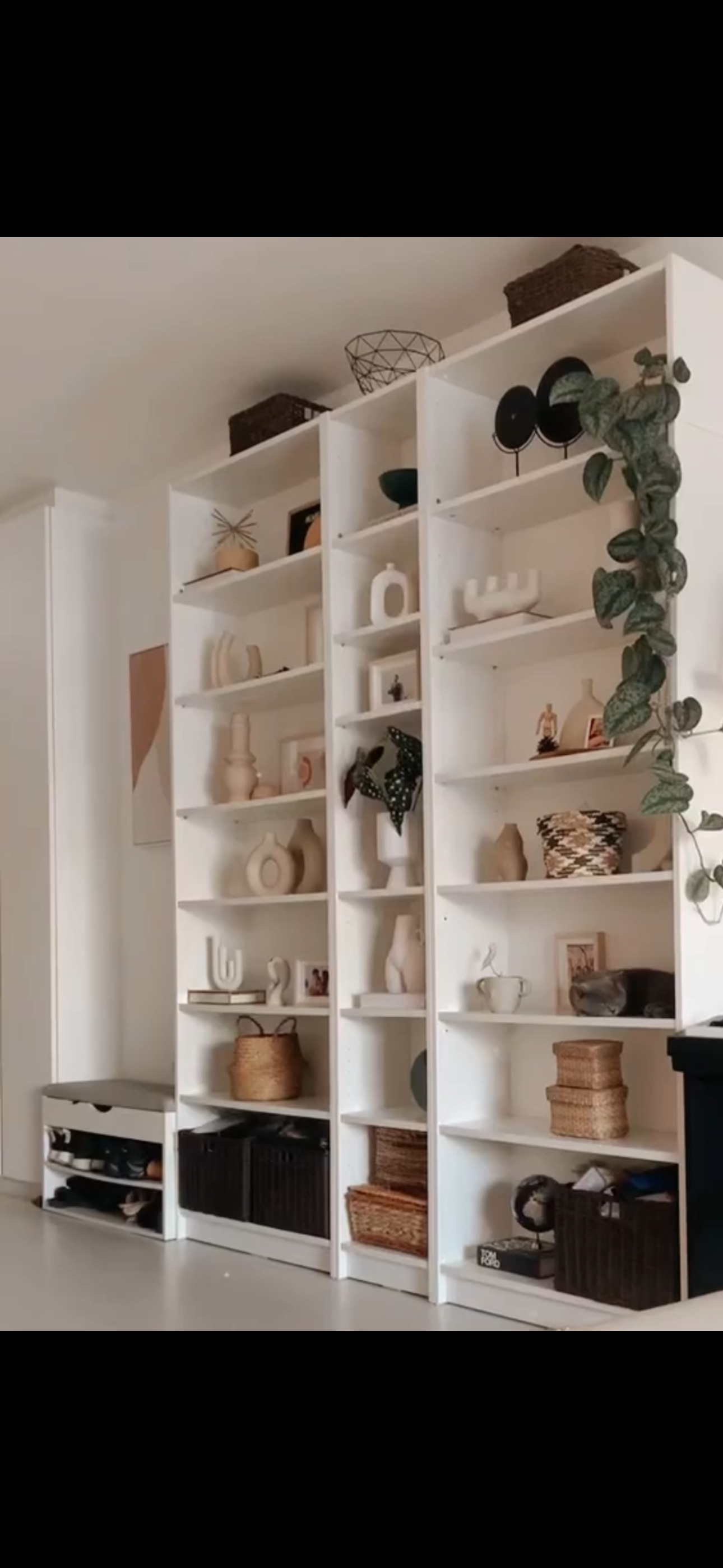Before & After: Our Entryway With Styling VS Without Styling  - White shelving unit, minimalist design, decorative items
