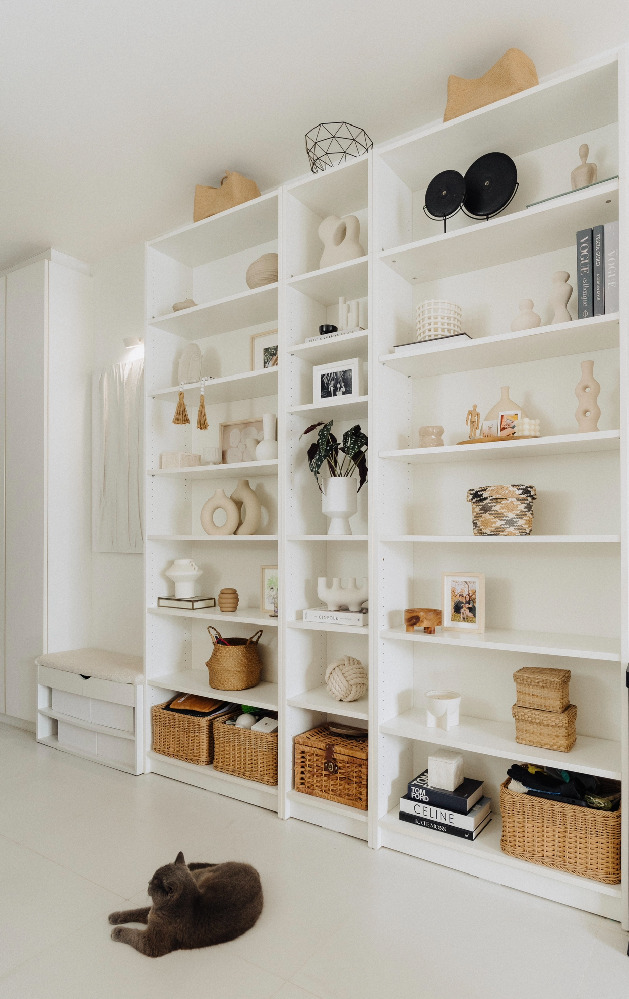 Before & After: Our Entryway With Styling VS Without Styling  - White shelving unit, minimalist decor, modern style, neutral