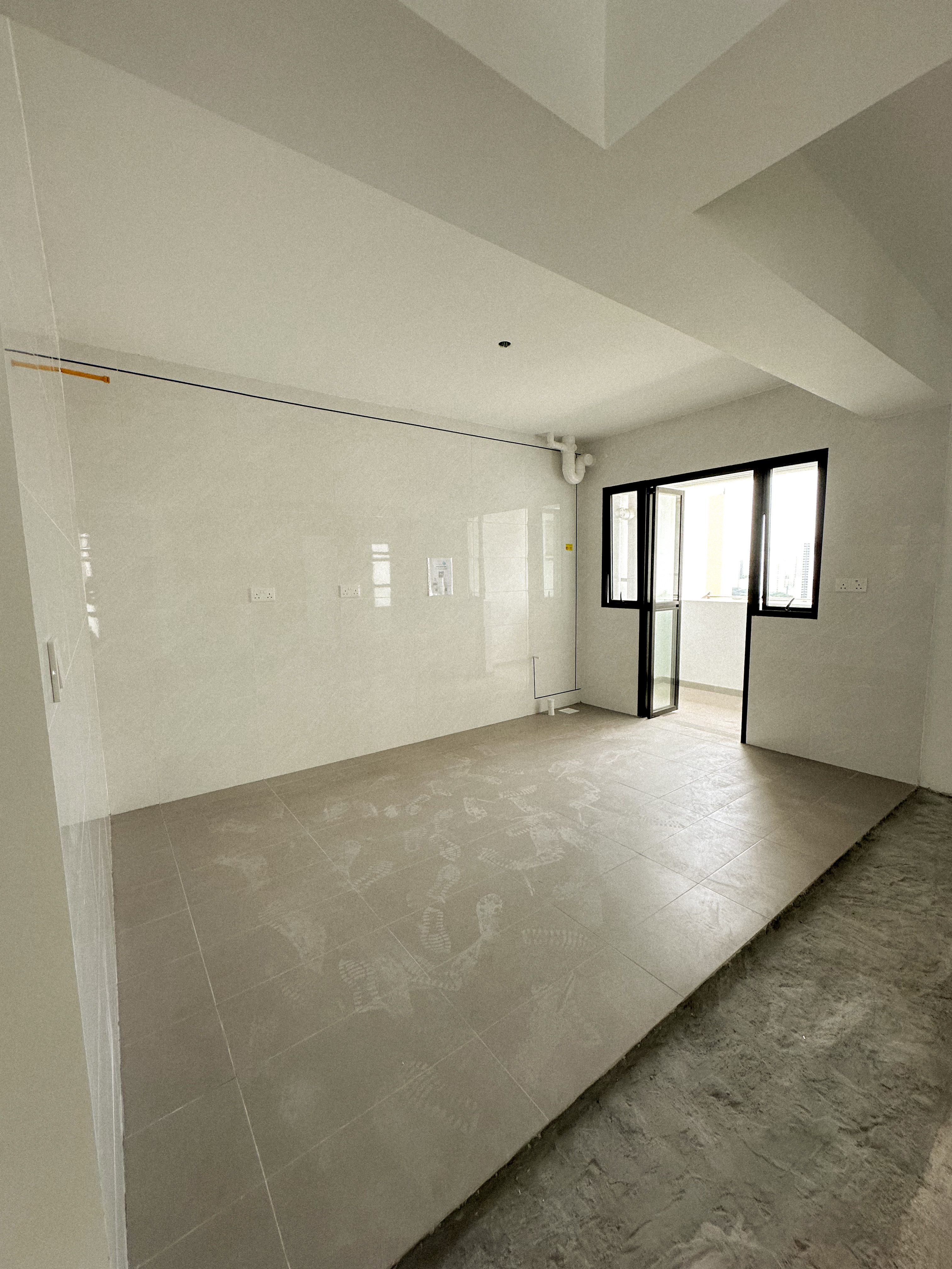 Stir Wars: The Kitchen Awakens 🥘 - Modern minimalist bathroom, tiled floor, large windows, white walls, clean lines, light