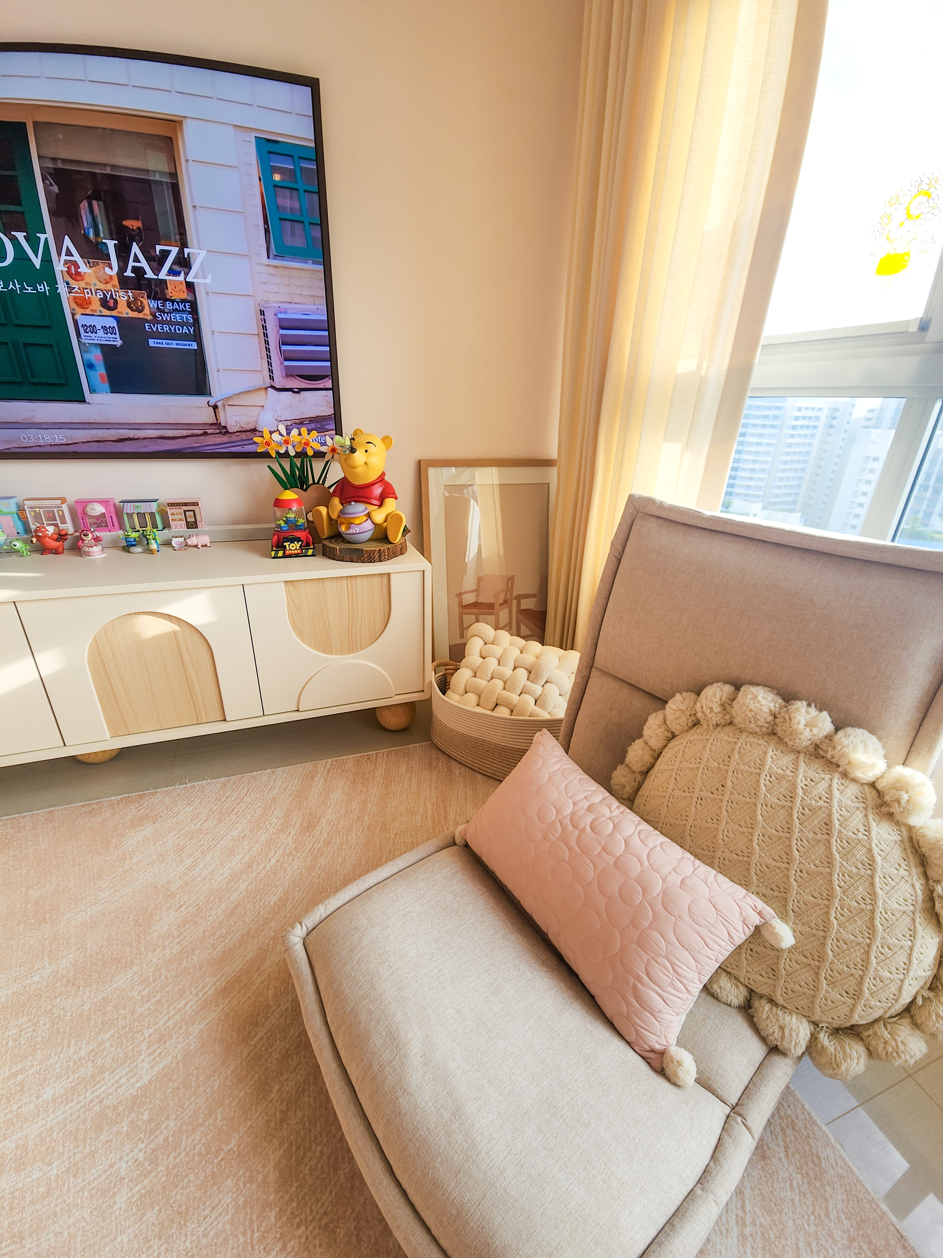 Our Cosy Living Room: ZERO CARPENTRY & Hints of Disney Magic! - Modern living room, cozy seating, beige sofa, plush pillows