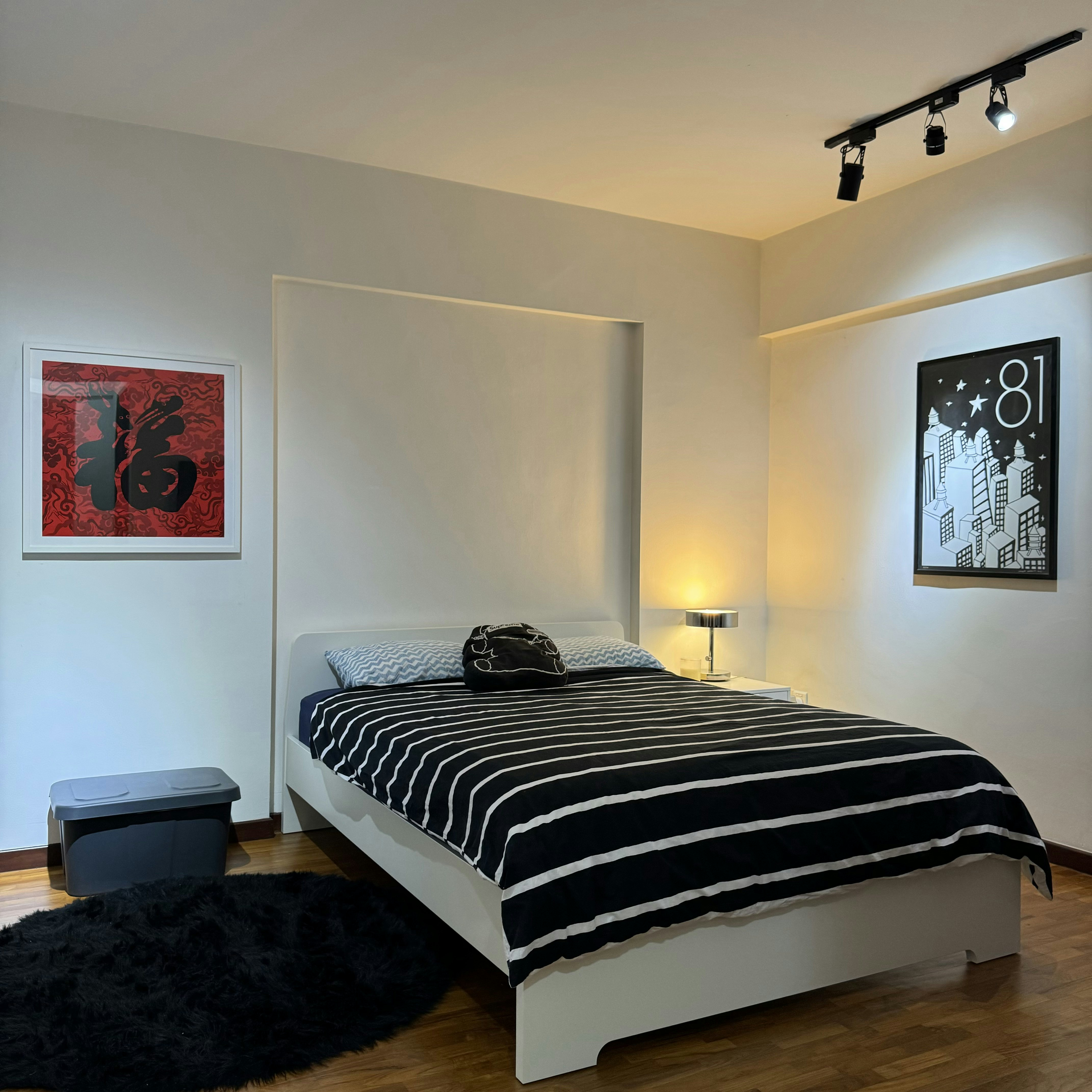 $31K Renovation Budget 5-Room HDB Mid-Century & Eclectic - Modern bedroom with black and white striped bedspread, black and