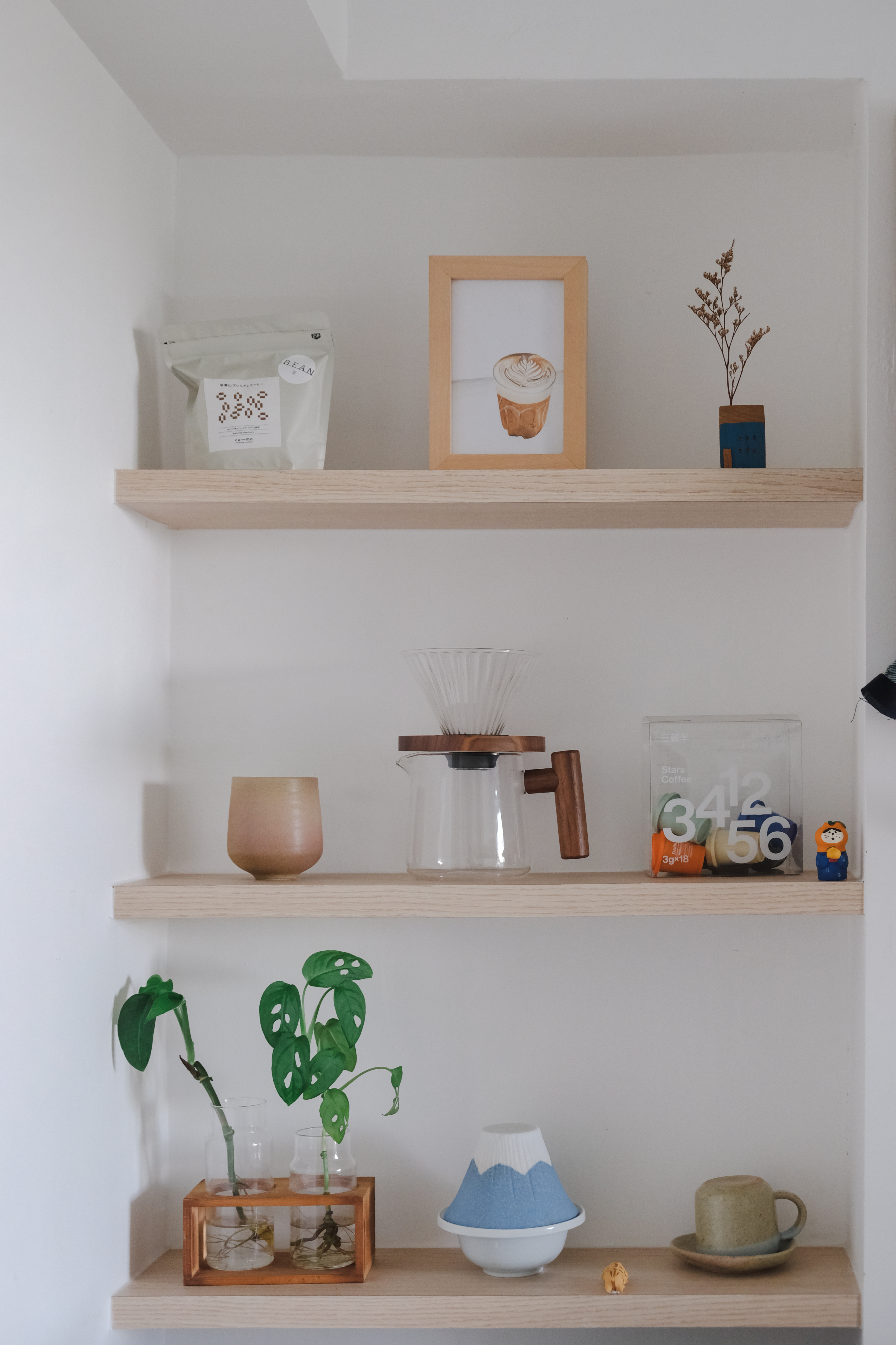 Clean and Functional: A Kitchen Designed with Smart Storage Solutions - coffee beans, coffee frame, plant, glass coffee pot