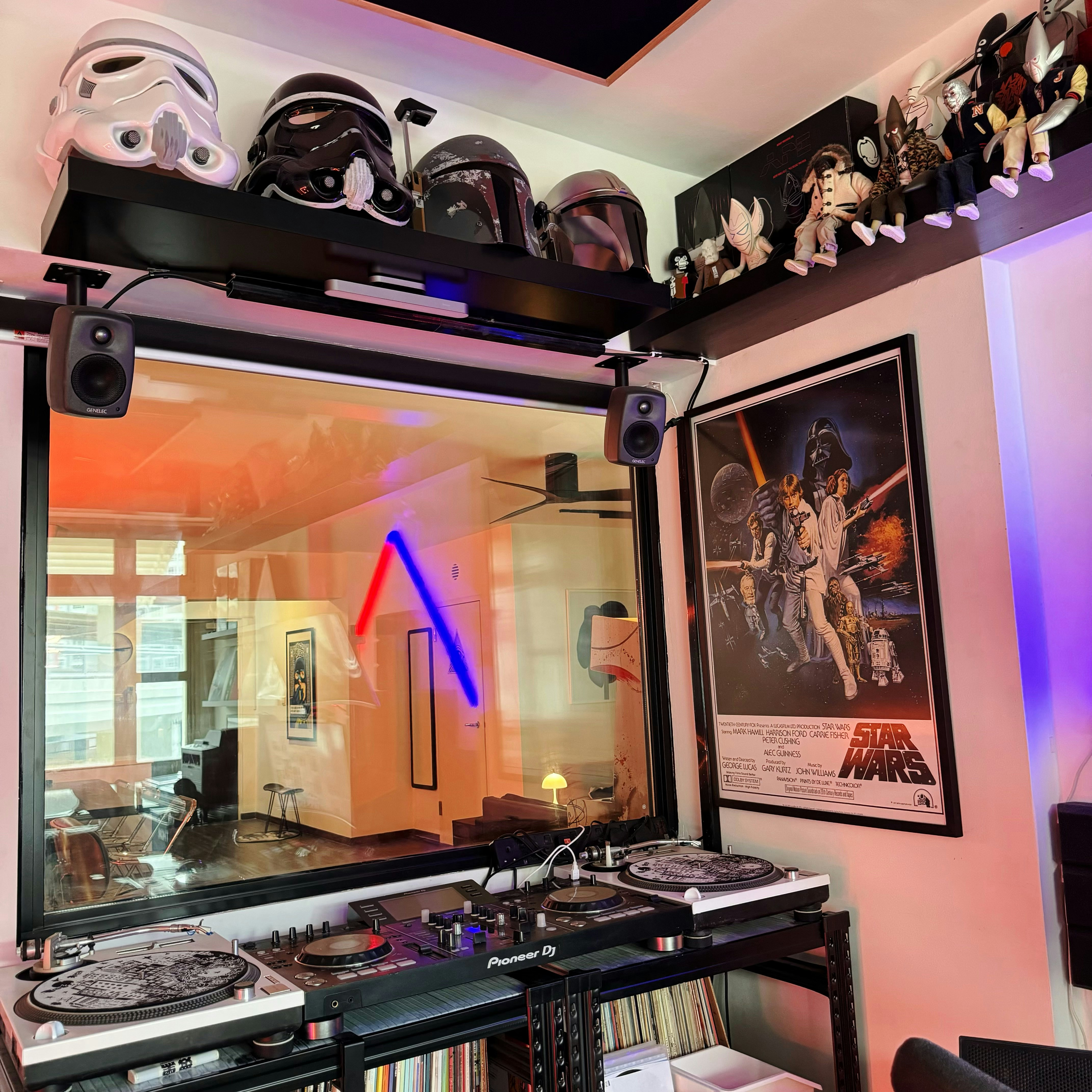 $31K Renovation Budget 5-Room HDB Mid-Century & Eclectic - Shelf with Star Wars memorabilia, DJ turntable, music equipment